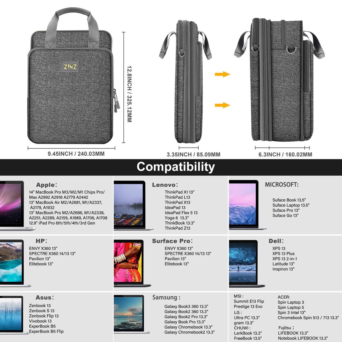 ZINZZINZ Slim Expandable Case 13 inch Travel Laptop Shoulder Bag for  MacBook Air 13