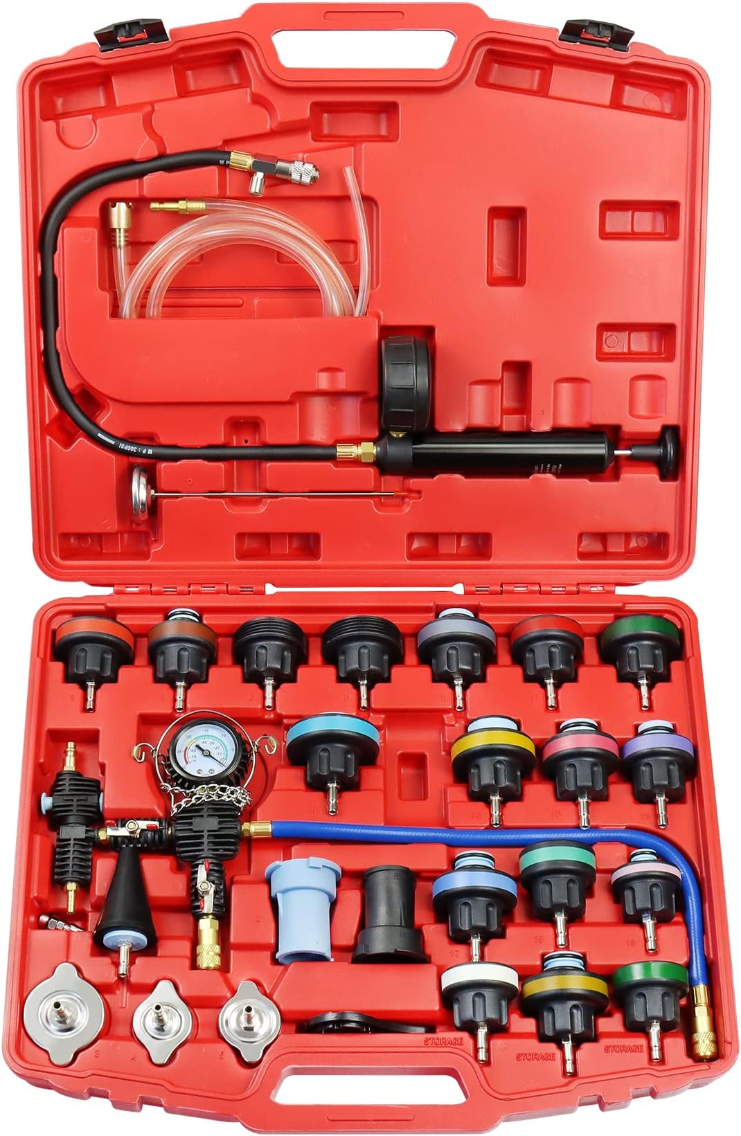 YSTOOL Radiator Pressure Tester Pneumatic Vacuum Type Purge Refill Kit Universal Automotive Cooling System Water Tank Leak Test and Coolant Fill Tool 28PCS Set with Adapters Gauge Red Case