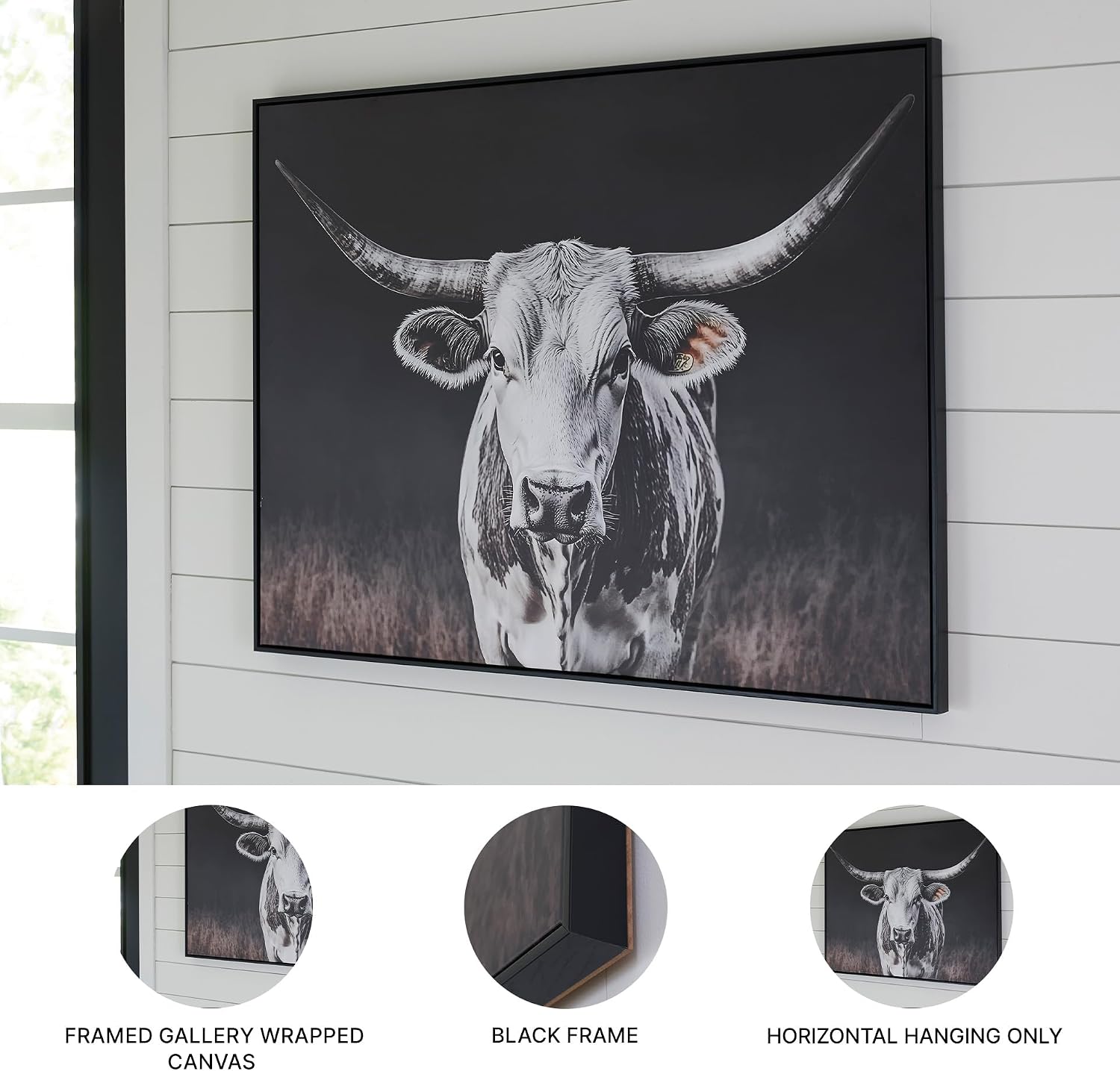 Signature Design by Ashley Harlandale Framed Canvas Wall Art, Longhorn Cow | Modern farmhouse aesthetic, 48x36 oversized print, Polystyrene and fir wood frame, Living room decor, Horizontal hanging only