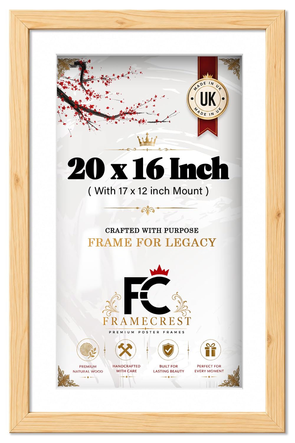 FRAMECREST LTD 20x16 Inch Wood Poster Frame with 17x12 Inch White Mount - Premium Gallery Wall Picture Frame with Shatterproof Acrylic Cover for Home & Office Decor - (Pine)