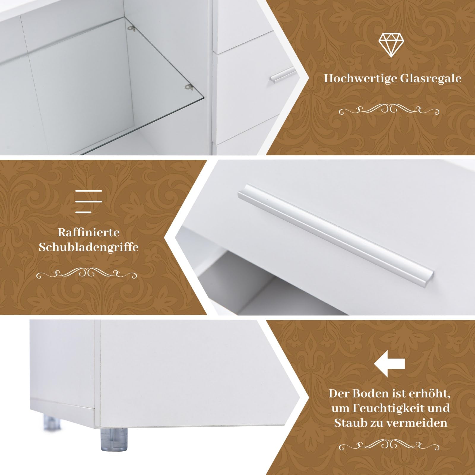 KOMHTOM Mobile TV con 2 cassetti Mobiletto tv basso con LED e ripiani in vetro, mobiletto multiuso Mobiletto bianco moderno per soggiorno camera da letto (bianco+colore legno