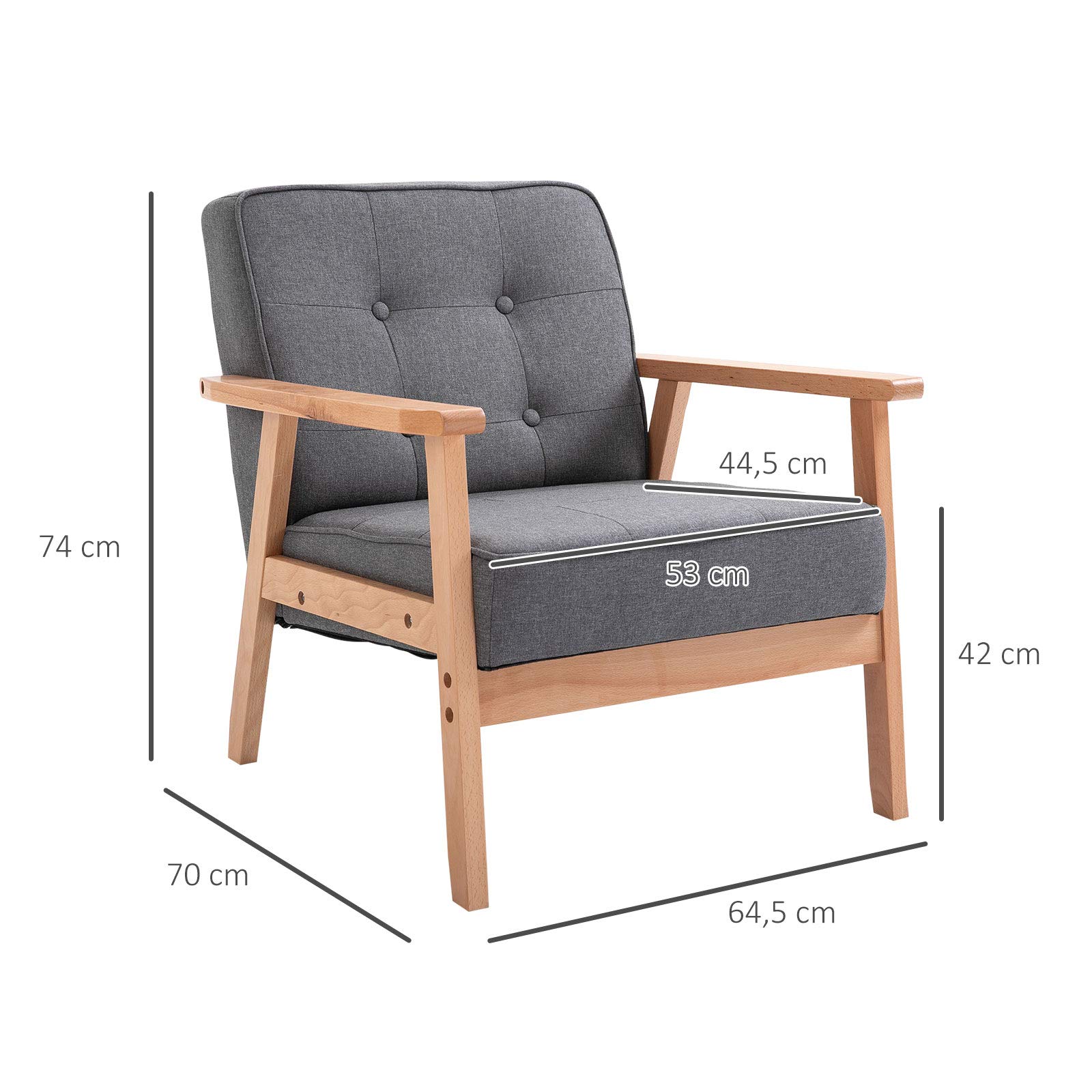 HOMCOM Butaca de Salón Moderno Sillón Individual Tapizado en Lino con Asiento Acolchado y Marco de Madera para Oficina Dormitorio Carga 120 kg 65x69x78 cm Gris
