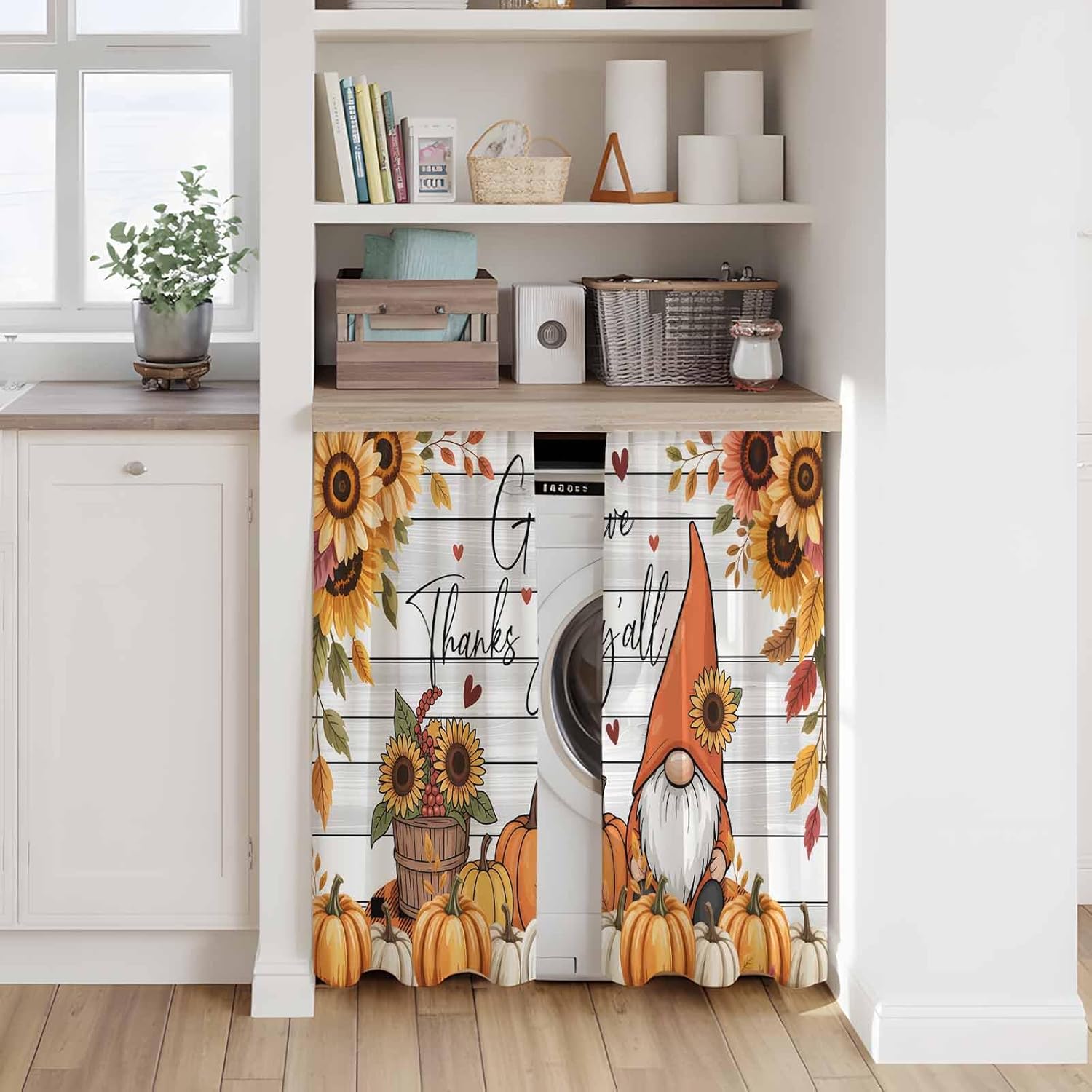Fall Gnomes Kitchen Tier Curtains 45 Inch Long 2 Panel Set,Rod Pocket Short Window Treatment,Thanksgiving Pumpkins Sunflower Gray Wooden Curtains & Drapes for Bathroom Basement 27.5"W x 45"L