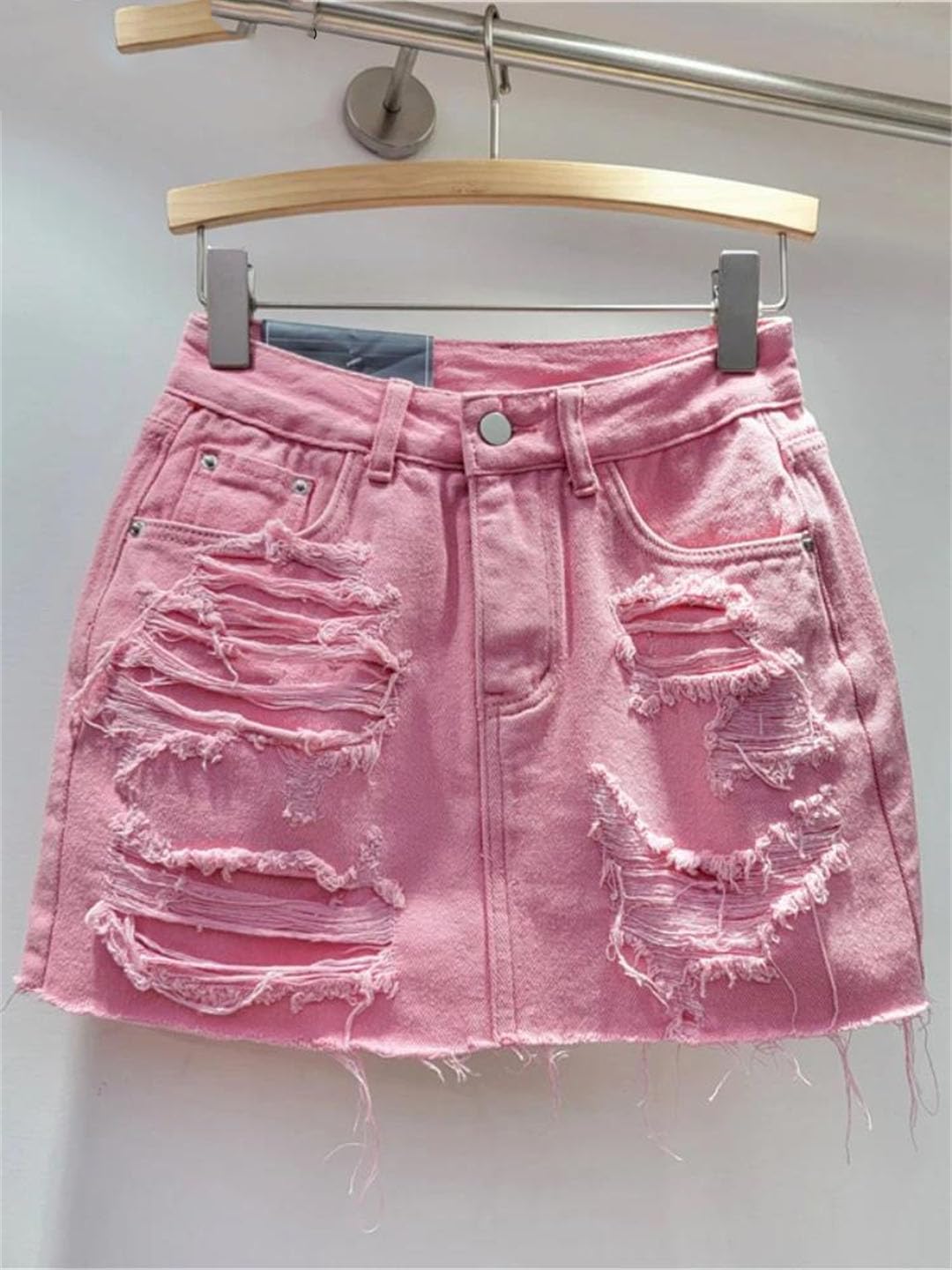 Women Ripped High Waist Denim Skirt Style Pink A-Line Sheath Skirts