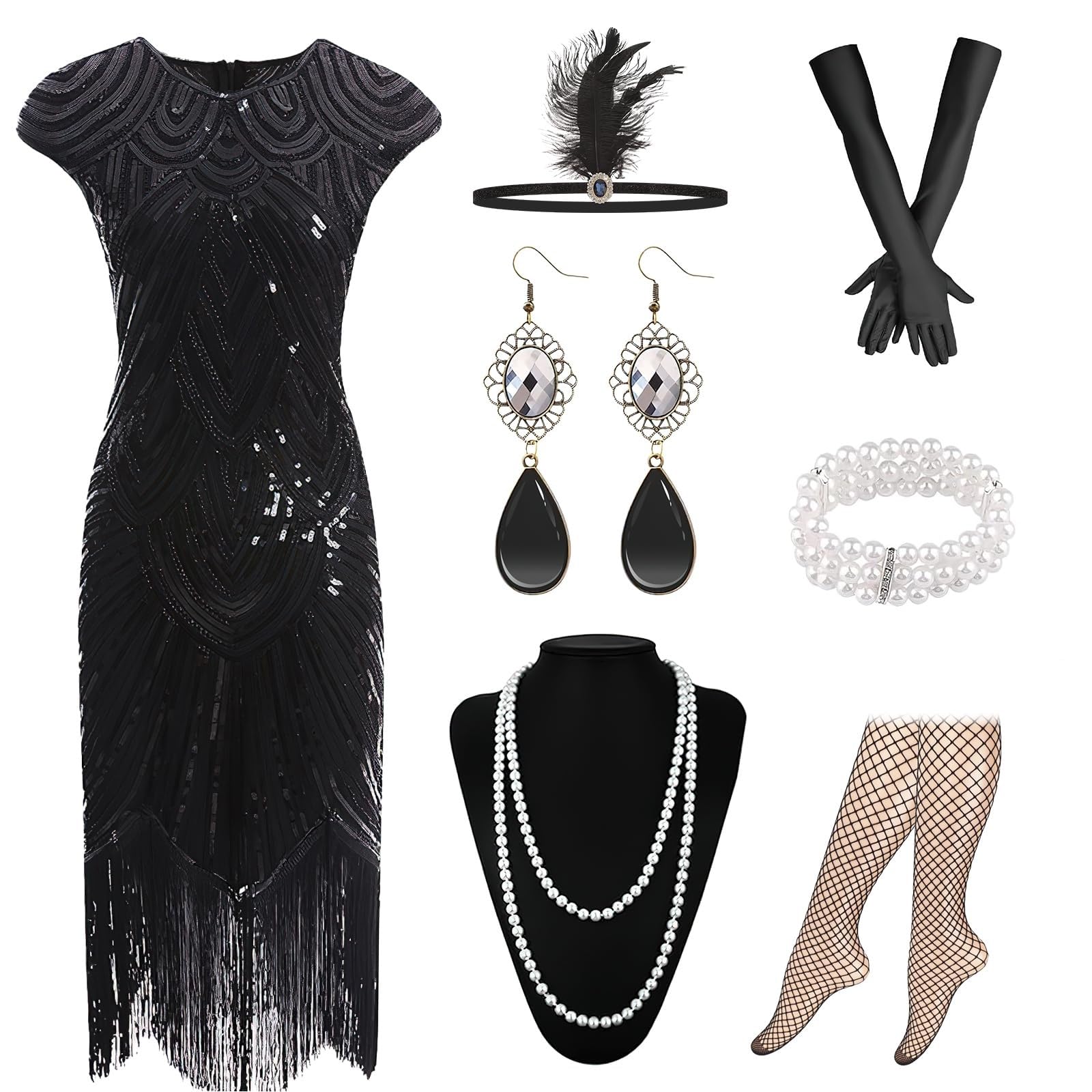 XJGQZ 1920s Cap Sleeve Dresses for Women, Roaring 20's Theme Set, Black, L