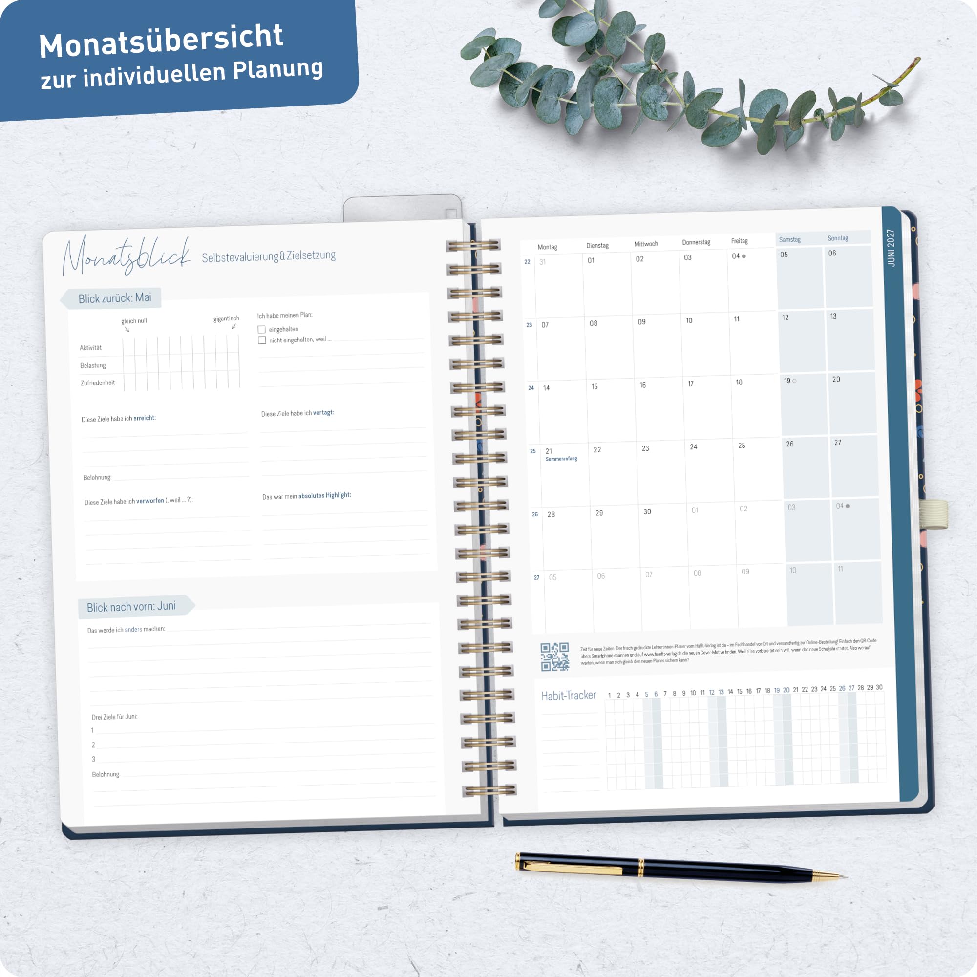 Häfft® Lehrerplaner 2026/2027 A4+ Deluxe – Großer Lehrerkalender & Schulplaner 26/27 mit Hardcover & Spiralbindung "Flowers & Leaves" – Für Grundschule, weiterführende Schulen & Referendariat