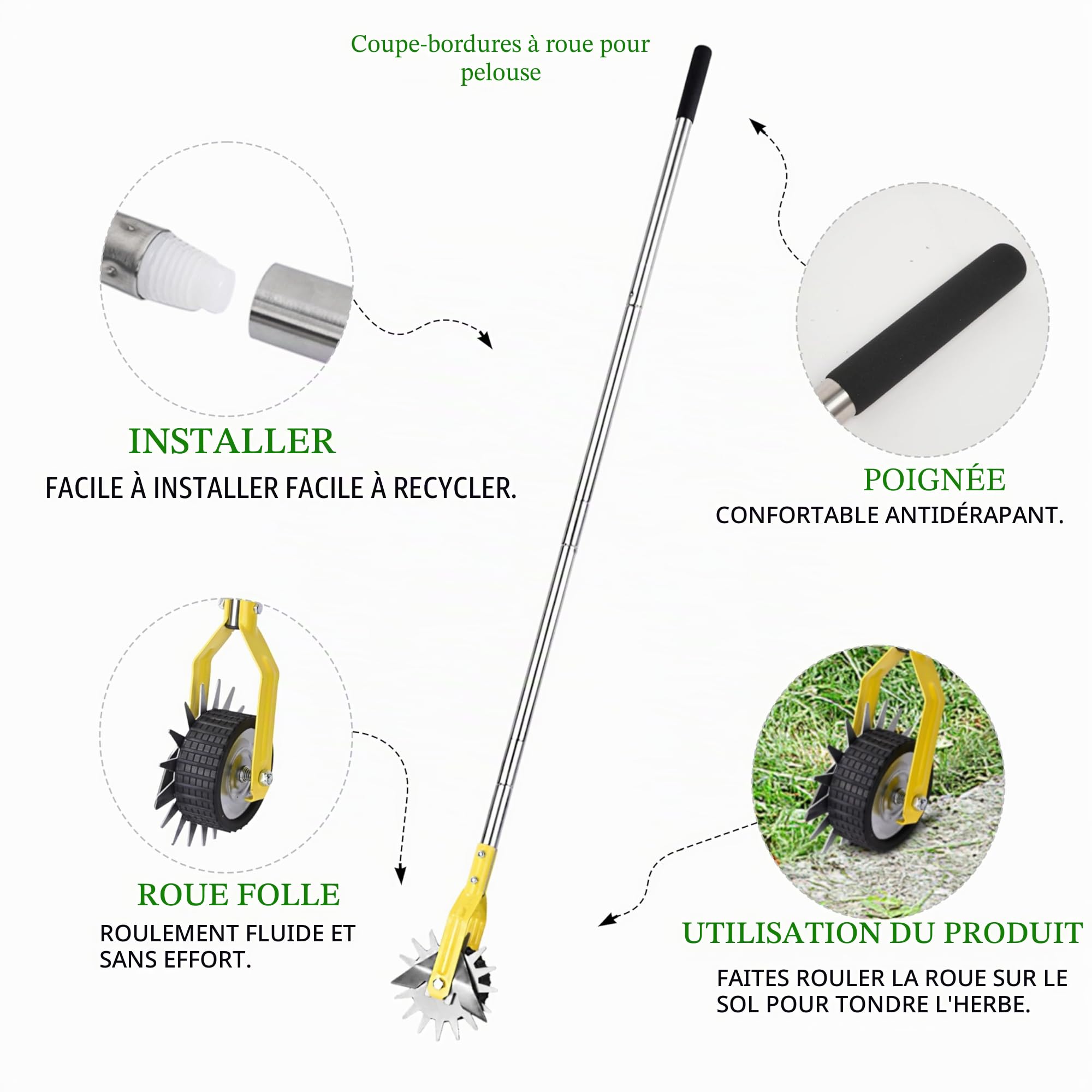 YEELOR Coupe-bordure rotatif en acier inoxydable jaune - Longueur réglable - Outil de jardin manuel pour trottoirs, jardins, allées et bordures de parterres de fleurs