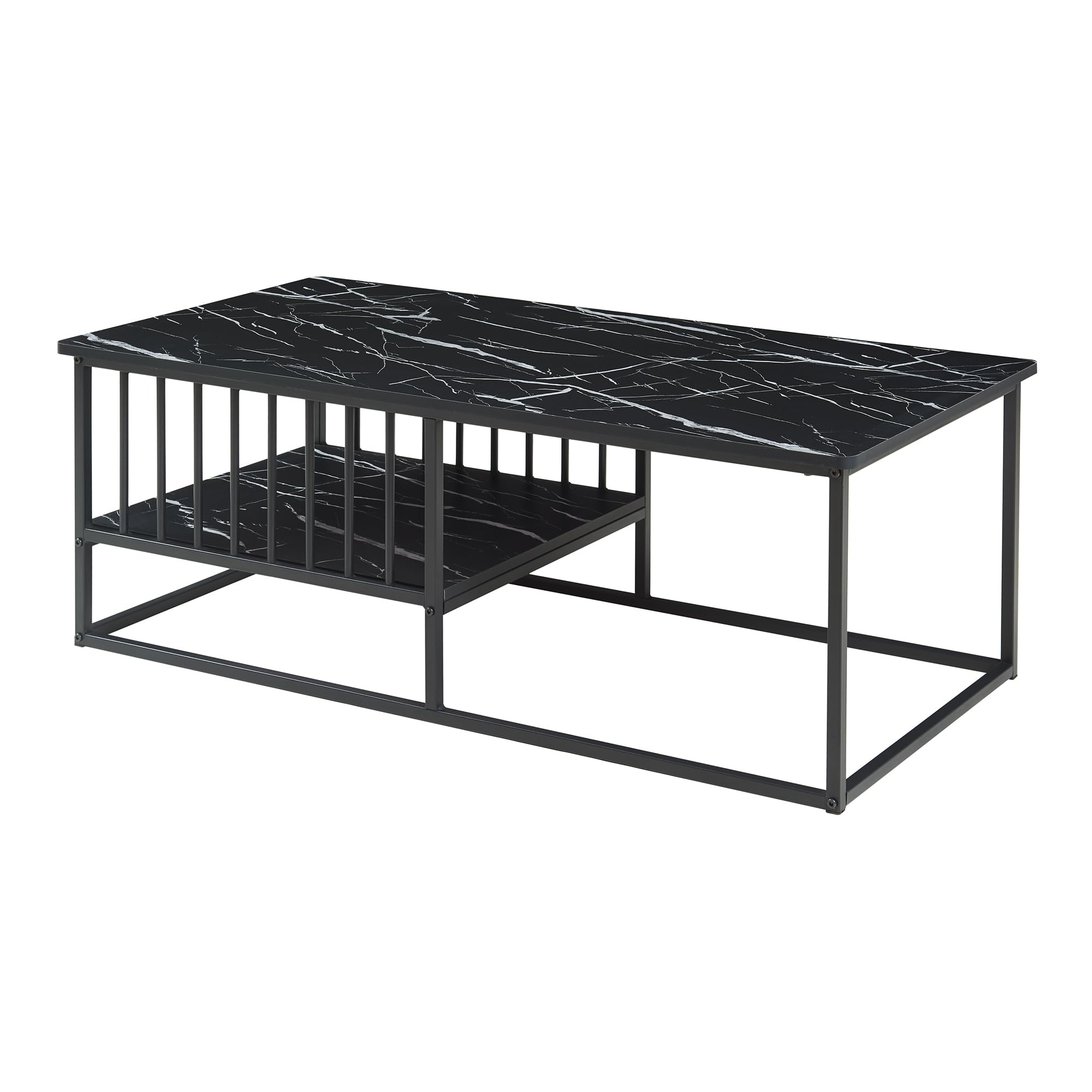 [en.casa] Couchtisch Raukurg Sofatisch mit einem Ablagefach Wohnzimmer 120 x 60 x 44 cm rechteckig Metallgestell Marmoroptik, schwarz