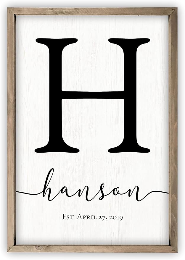 Framed Wooden Family Name Sign Personalized Wood Monogram Choose from Four Sizes (12" x 18", Weathered Grey Frame, White Background)