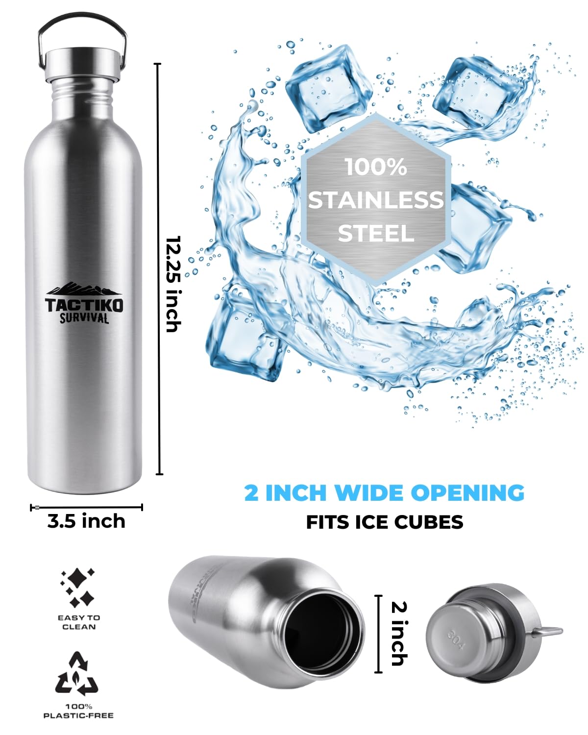 Tactiko Survival 1,445.8 g/1500ml Edelstahl Weithals-Trinkflasche, einwandig, kochfest, auslaufsicher, BPA-frei, mit Tragetasche und Gurt für Camping, Wandern, Outdoor-Vorbereitung (Schwarz)