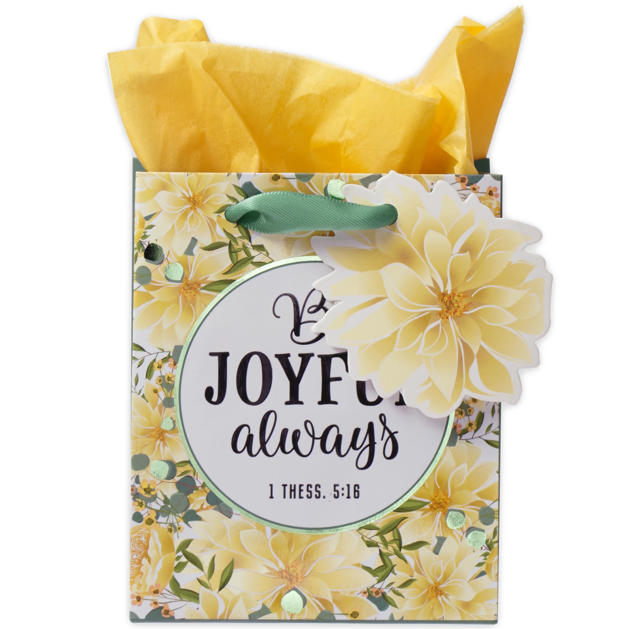 Christian Art Gifts Gift Bag/Tissue Paper Set Be Joyful Always 1 Thessalonians 5:16 Bible Verse, Yellow Floral, Extra Small