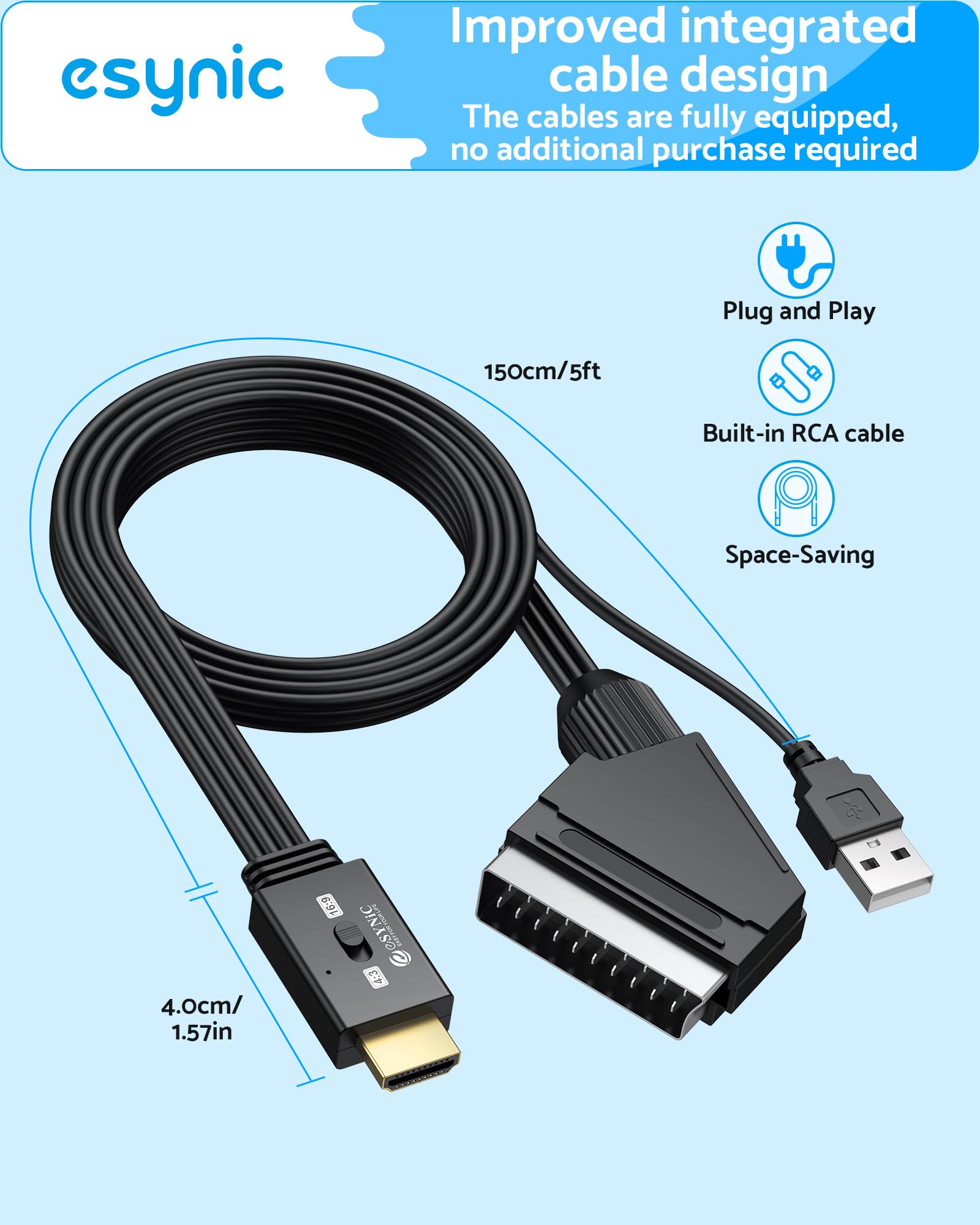 eSynic Convertisseur SCART vers HDMI 1080P avec Câble 1,5m pour TV Moniteur Supporte 3D Commutation 4:3/16:9 Compatible avec Wii PS1 PS2 N64 Xbox DVD Players VCR