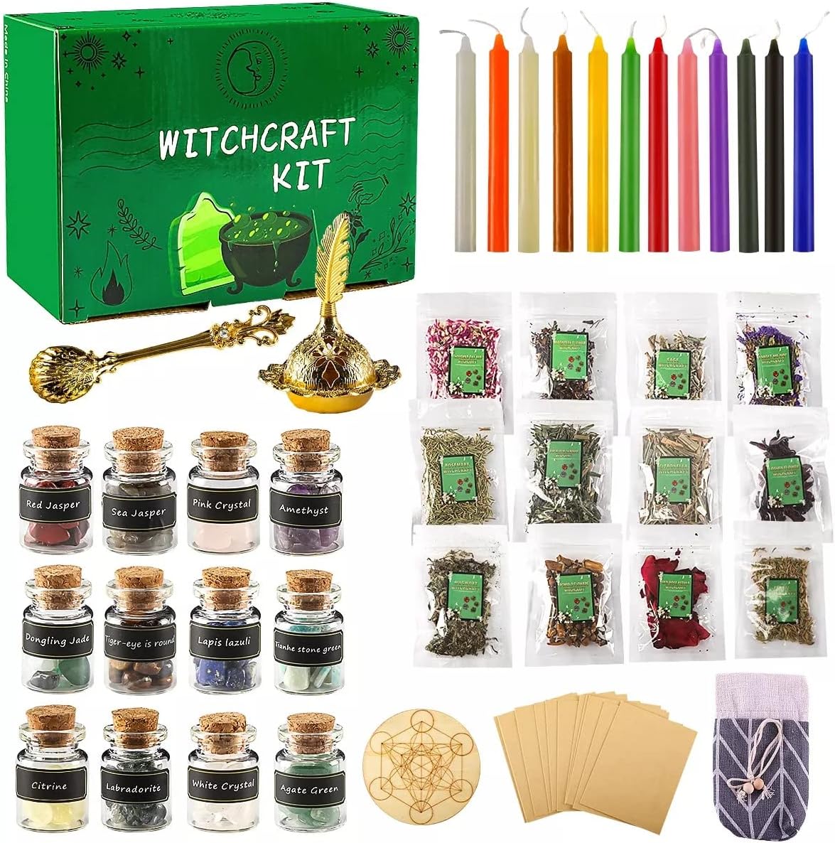Witchcraft Supplies Kit, 52 Pack Witch Starter Tools, Colored Candles, Healing Crystals, Hay, Parchment, Chakra Discs, Magic Spoon and Censer, for Beginners Altar Supplies Pagan Decor (52 Pcs)