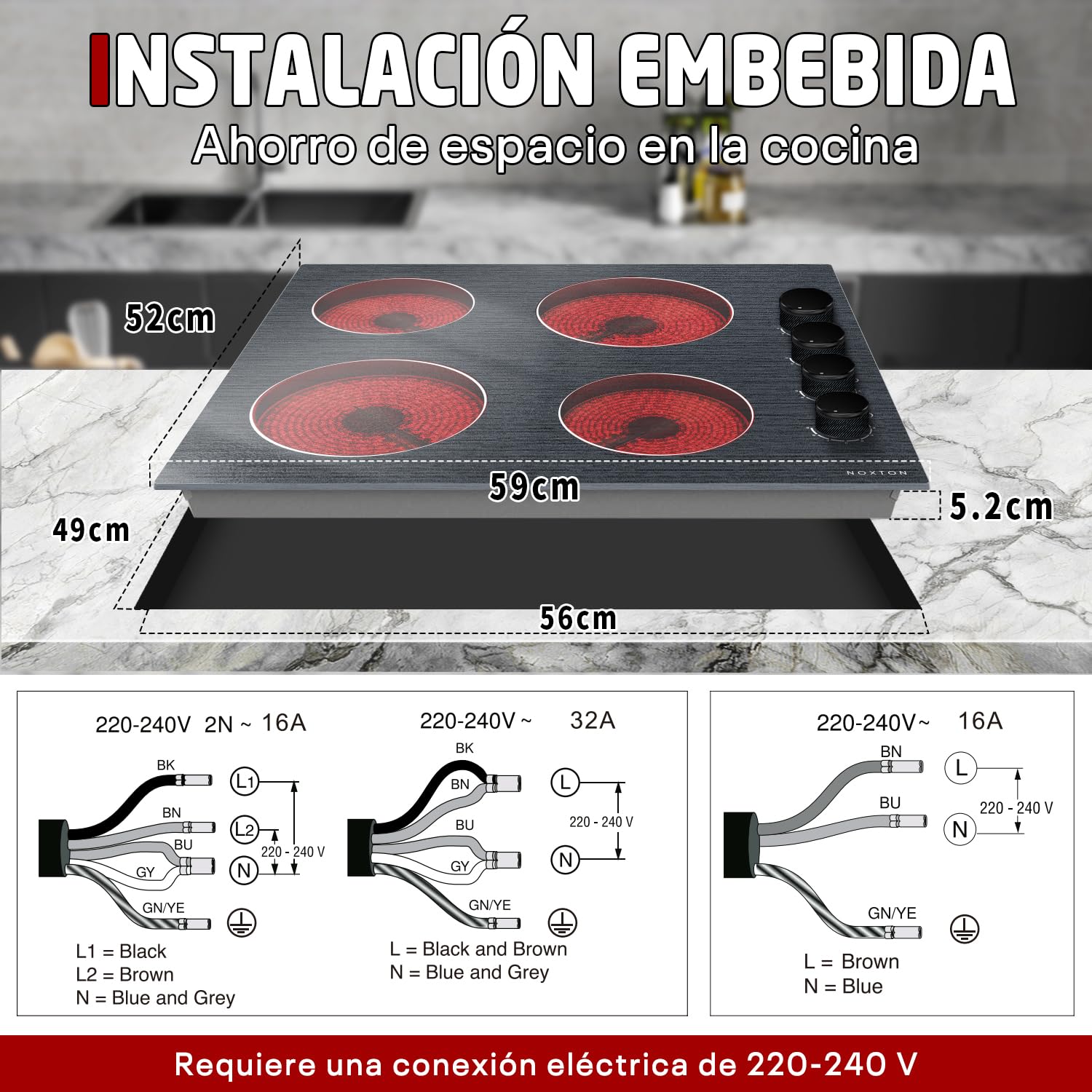 NOXTON Placa Vitrocerámica 4 Fuegos, Encastrable, Mandos Giratorios