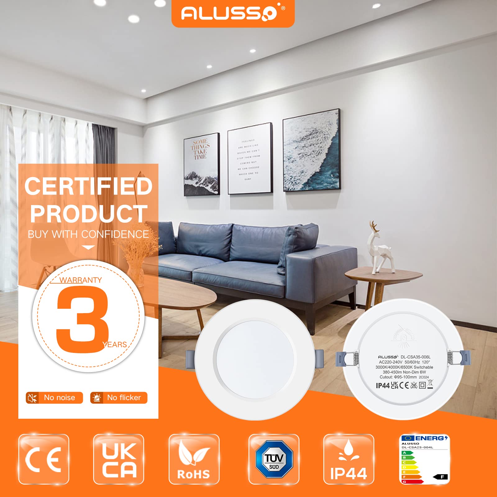 ALUSSO Spot LED Encastrable IP44 Extra Plat 25.5MM, 6W 450Lumen Dimmable 3000K 4000K 6500K Blanc, Découper 95-110MM, Pour Salle de Bain Cuisine Salon Couloir Lot de 6