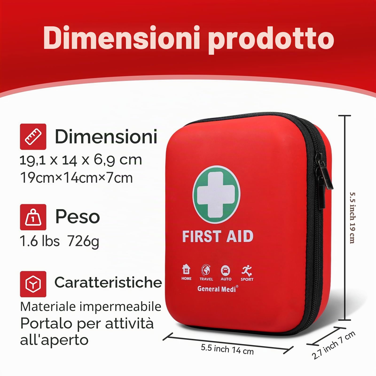 General Medi Kit di Primo Soccorso Professionale 170 Pezzi - Per Casa, Auto, Barca Ufficio, Moto, Roulotte, Sport, Trekking e Campeggio