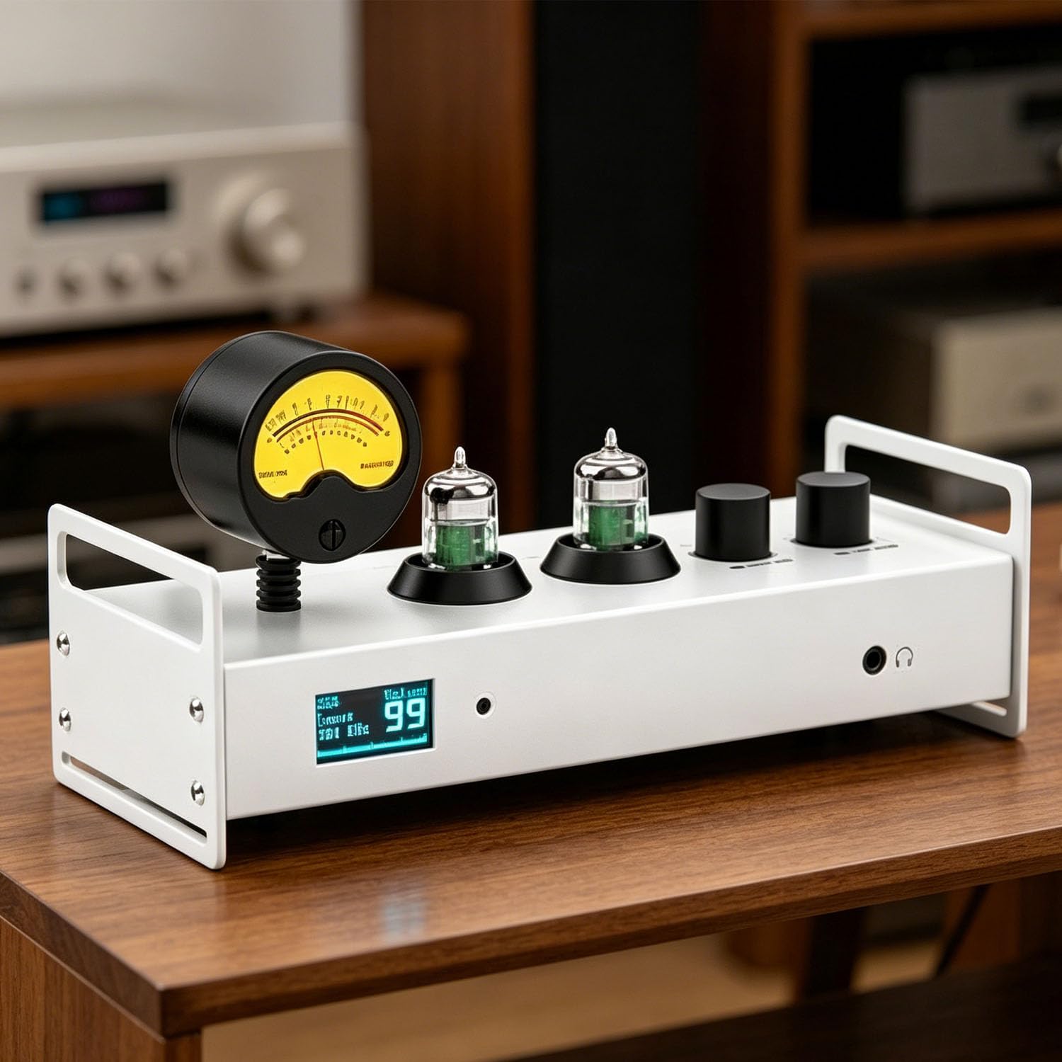 Preamplificador de audio de 2 canales, preamplificador de tubo de vacío Hi-Fi con pantalla OLED, control remoto, 6 entradas + 4 salidas, medidor VU para altavoces HiFi domésticos