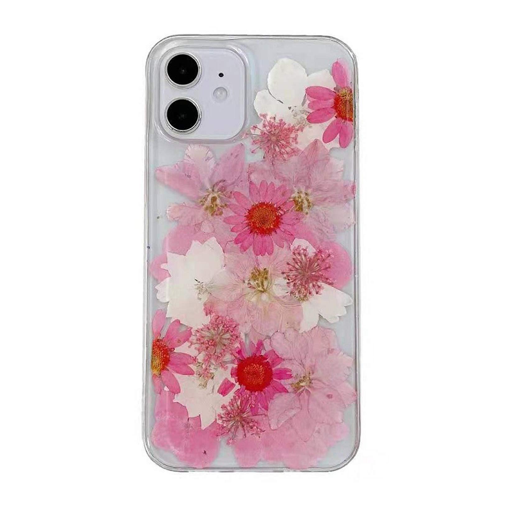 Tybiky, custodia protettiva per iPhone 12 Pro, decorata artigianalmente con veri fiori secchi, stile floreale, cover compatibile con iPhone 12 Pro/12, margherite di colore bianco e rosa