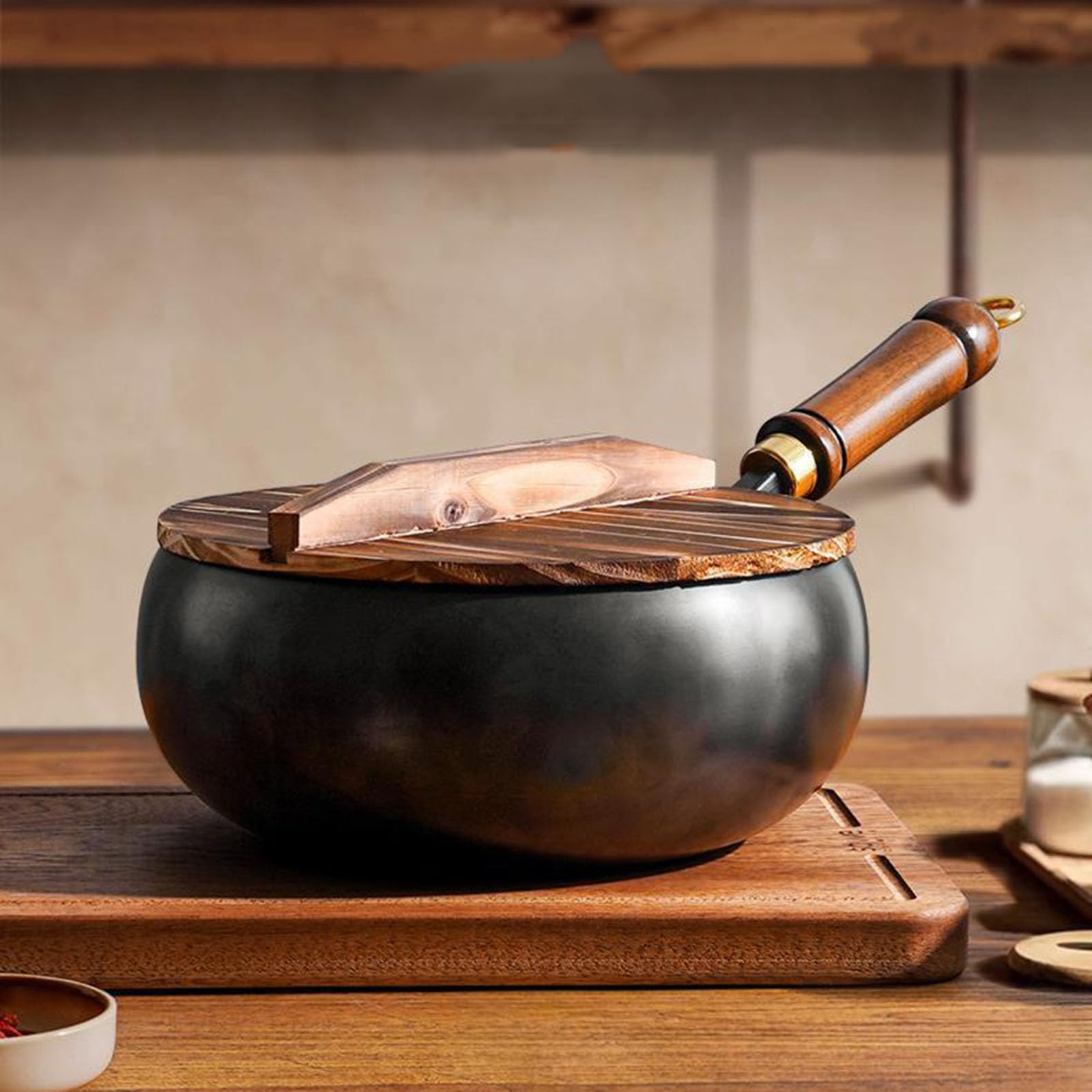 Unbeschichtete Eisenpfanne, 24Cm Handgeschmiedeter Schmiedeeiserne Pfanne, Japanische Eisenpfanne Mit Holzdeckel, Für Küche, Vielfältige Kulinarische Stile,Schwarz