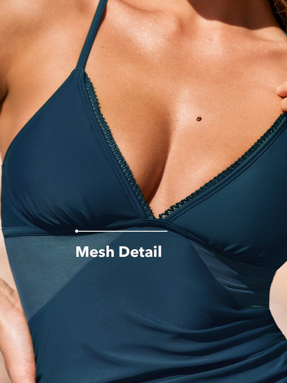 CUPSHE Maillot de bain deux pièces tankini pour femme - Taille moyenne - Col en V - En maille froncée