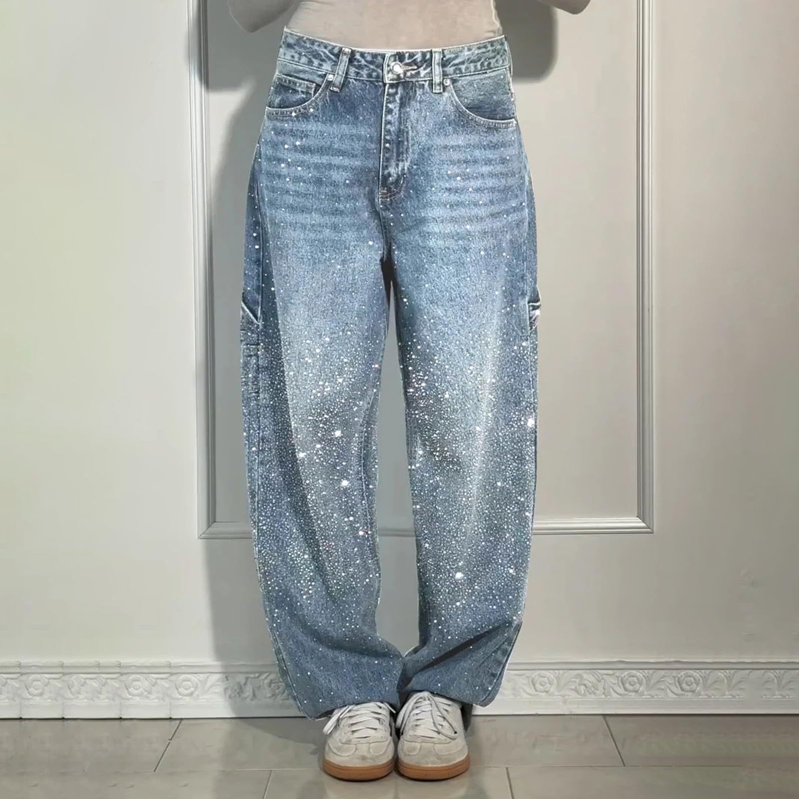 Jeans da donna, taglie grandi, jeans baggy, pantaloni in denim a vita alta, Y2K, elasticizzati, per il tempo libero, gamba dritta, pantaloni hiphop streetwear con tasche