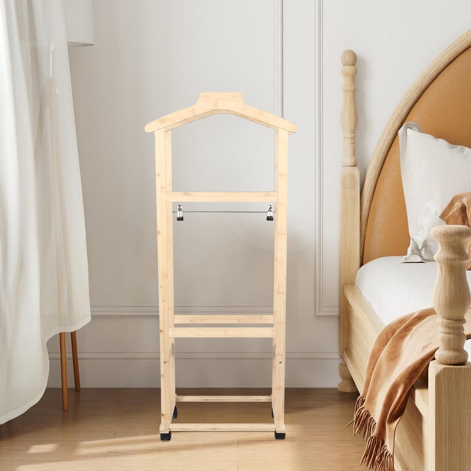 OHMG Valet de chambre bois,Portant à vêtements à roulettes,porte-manteau double barre à roulettes,penderie vêtement,Range-vêtements Chambre,buanderie,107X47X37cm, naturel (107 * 47 * 37cm)