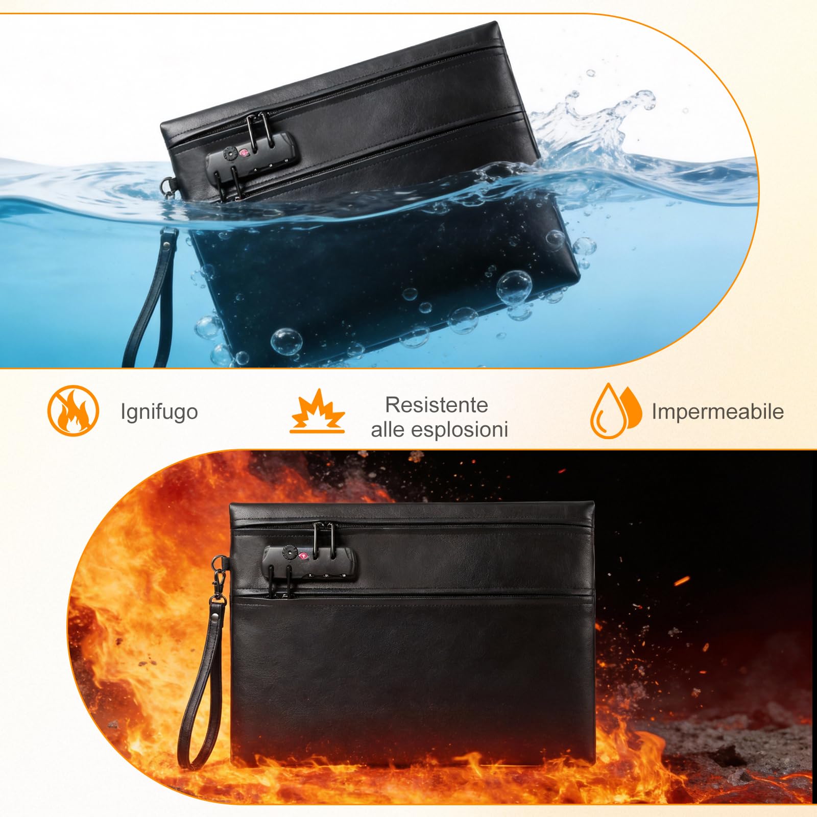 Borsa per Documenti Ignifuga Impermeabile 6400°F con Serratura 12 Strati Valigetta Portatile Anti Fuoco Nero 36x26cm