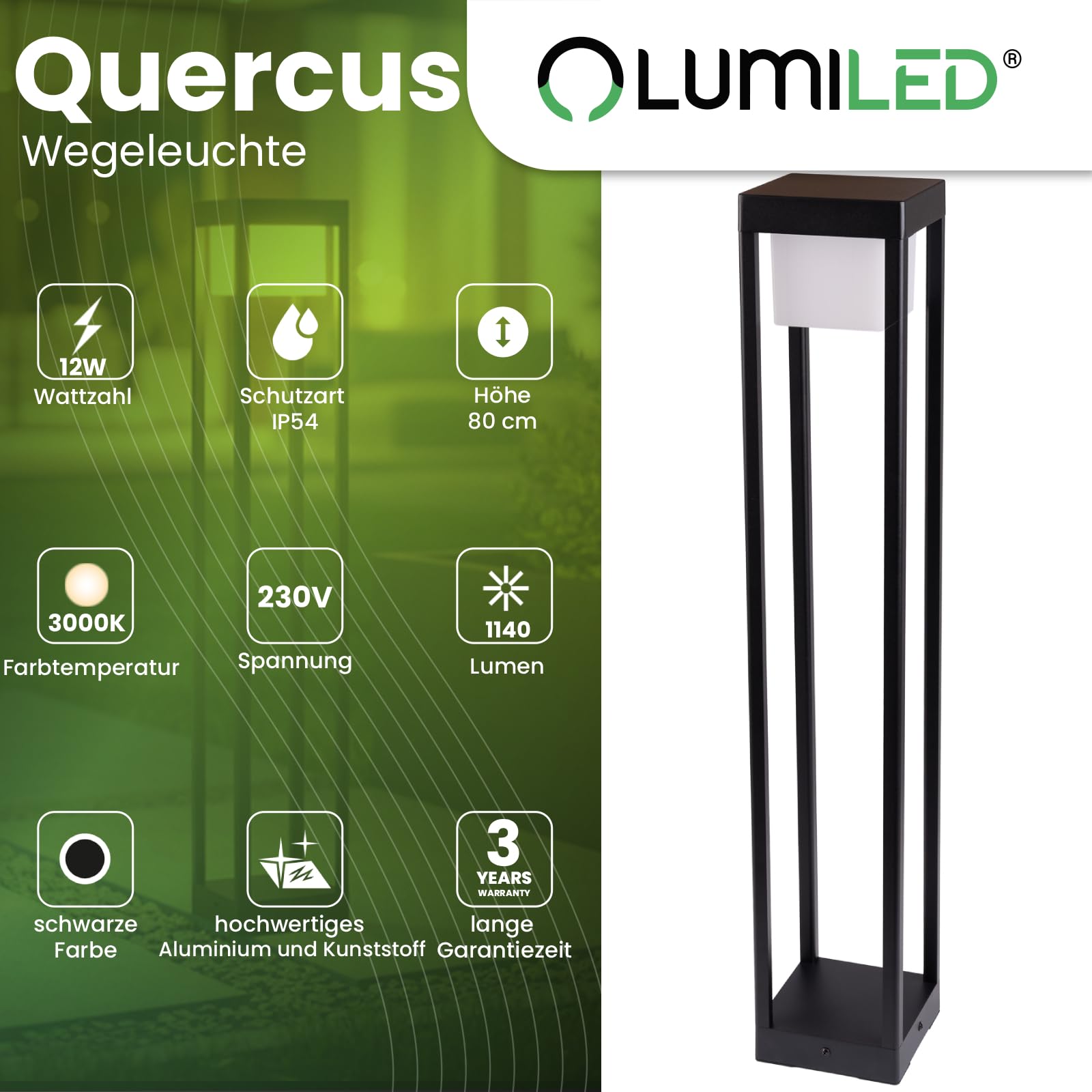 Lumiled LED Wegeleuchte 12W Außen Pollerleuchte 1140Lm 3000K IP54 80cm Schwarz Aluminium Wegbeleuchtung Außenleuchte Außenbeleuchtung Gartenleuchte Wegelampe stehend spritzwasserdicht warmweiß
