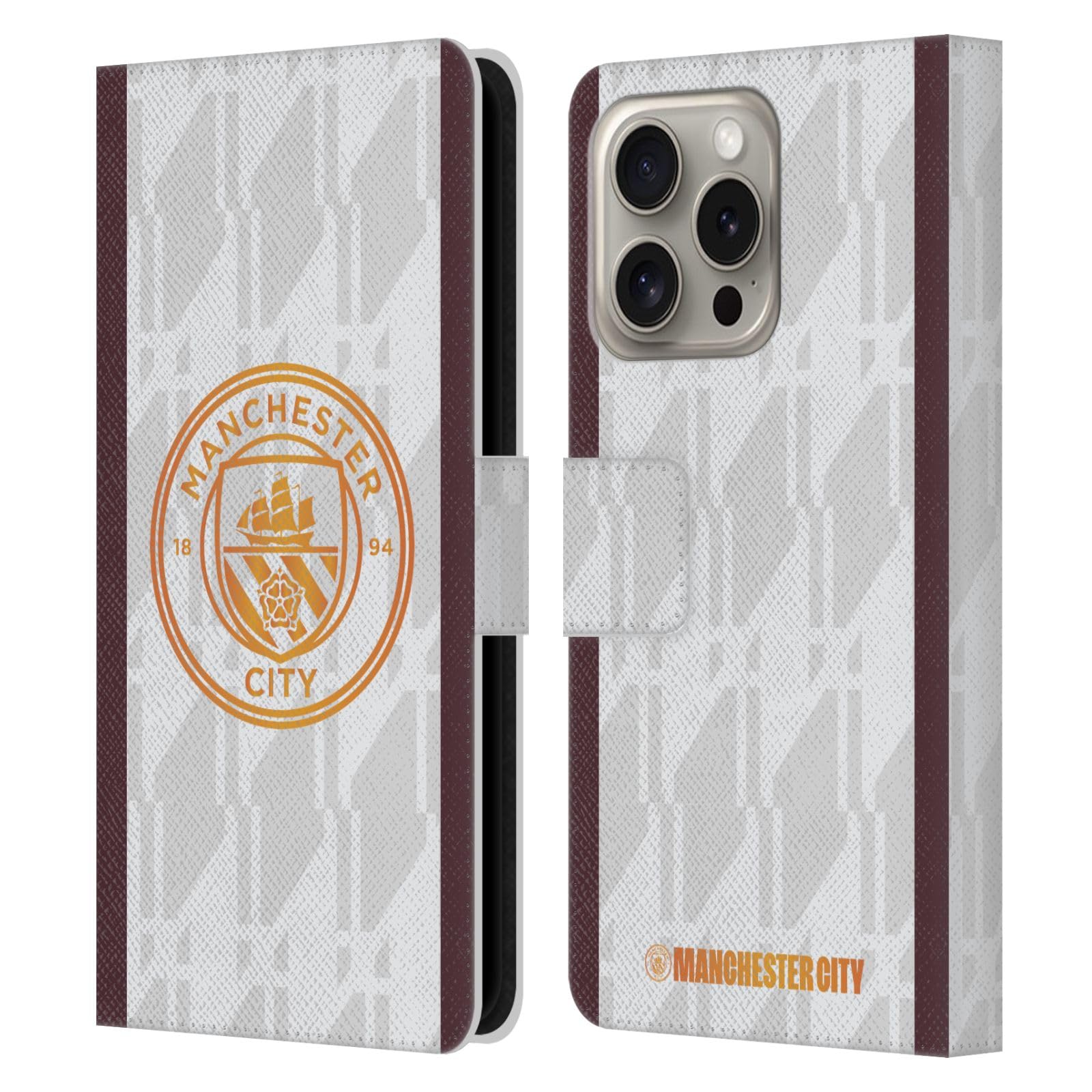 Head Case Designs Officially Licensed Manchester City Man City FC Away 2023/24 Badge Kit Leather Wallet Case Compatible With Apple iPhone 16 Pro