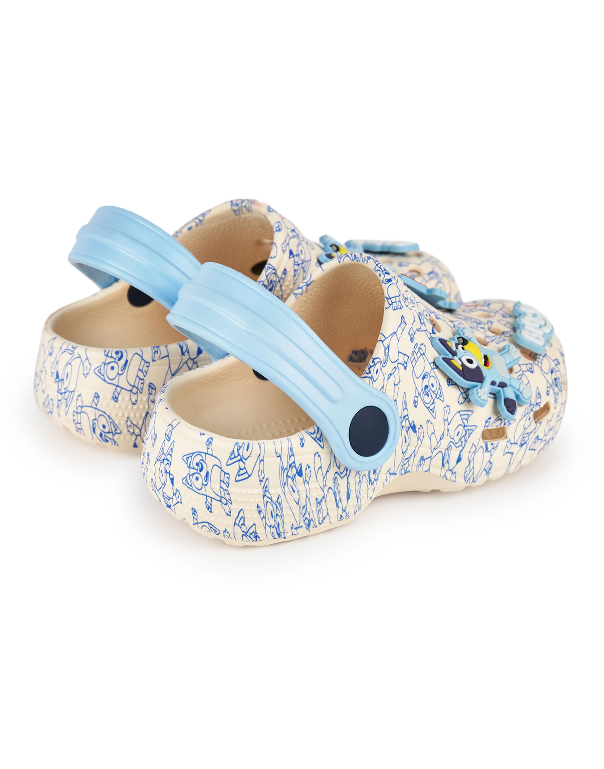 BlueY Zoccoli per Ragazzi | Calzature Slip-on per Bambini con ciondoli a Forma di Cucciolo in Marrone Chiaro e Blu | Sandali con Stampa Integrale per Interni ed Esterni e Cinturino Regolabile