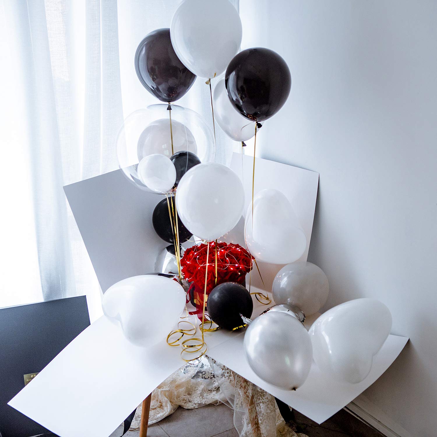 Large Gift Box Surprise - Explosion Gift Box 19x19x19’’ with Lid and Ribbon, 12’’ Heart Shaped Balloons and Latex Balloons, Surprise Box for Birthday, Christmas, Party, Marriage Proposals – Black