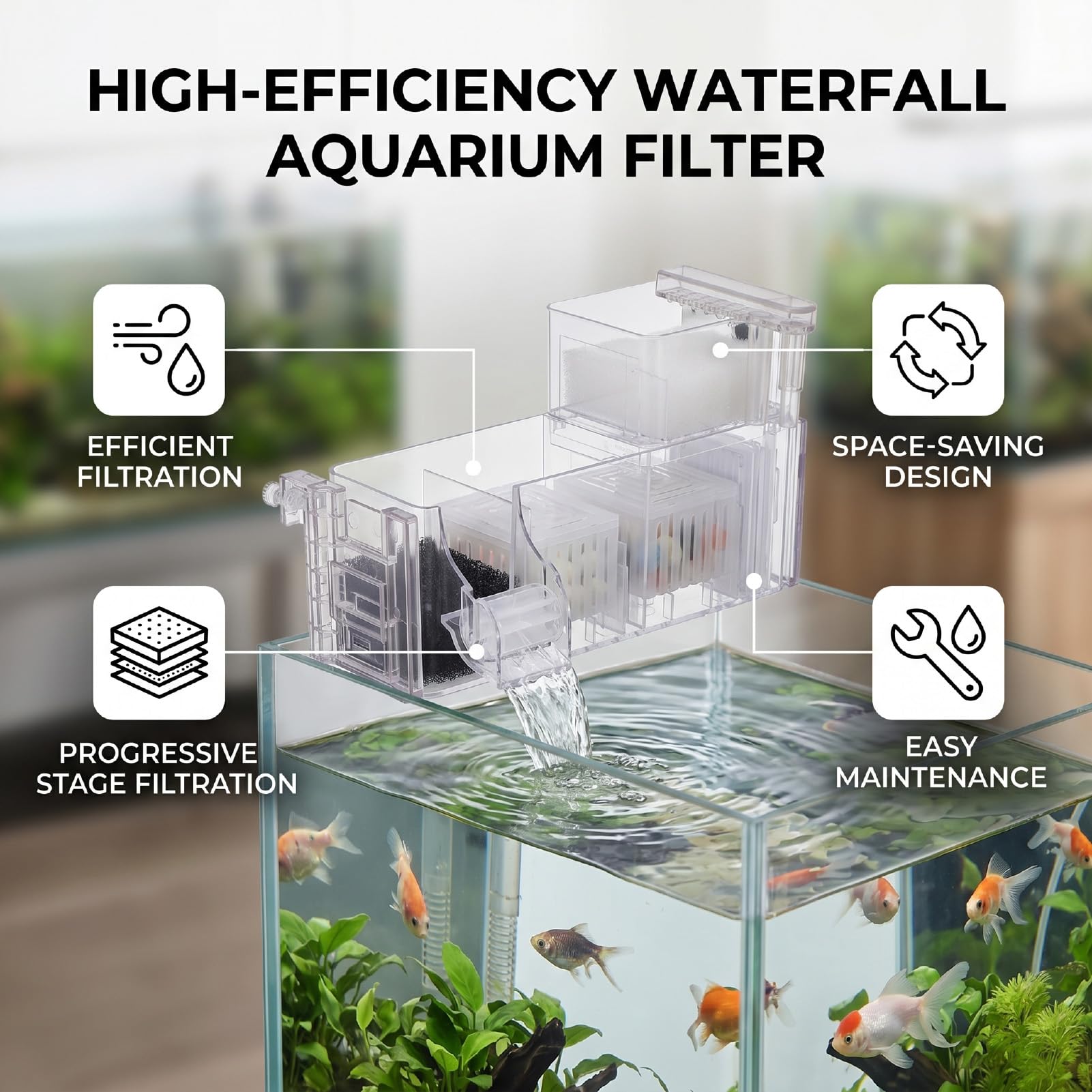 Srliya Filtre D'aquarium Suspendu Externe 3W, Puissant Filtre de Réservoir de Poissons à Circulation d'eau, Boîte de en Cascade (Prise UE 220V)