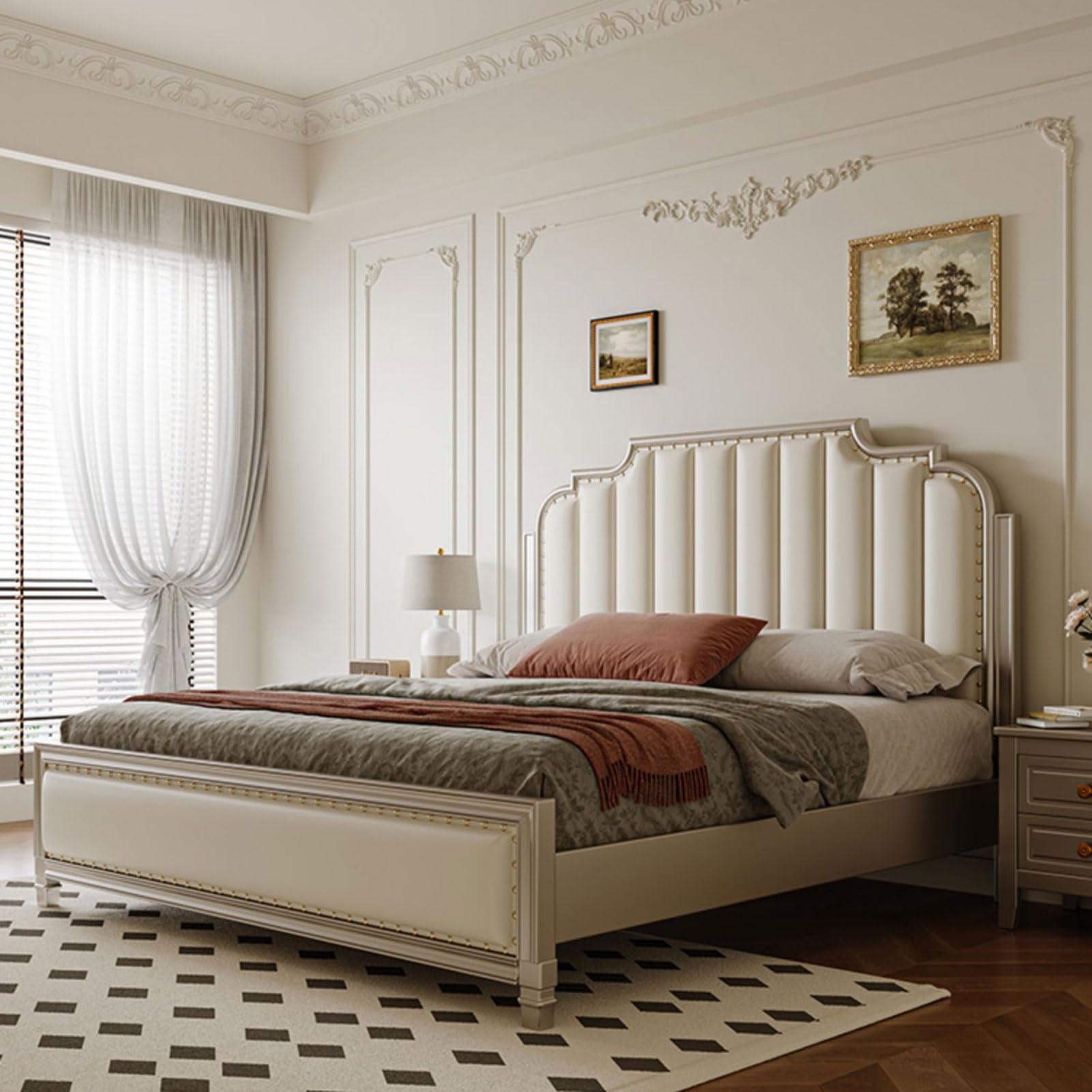 Mid-Century King Size Genuine Leather Wood Bed Upholstered Platform Bed Frame with Headboard and Lift Up Storage No
