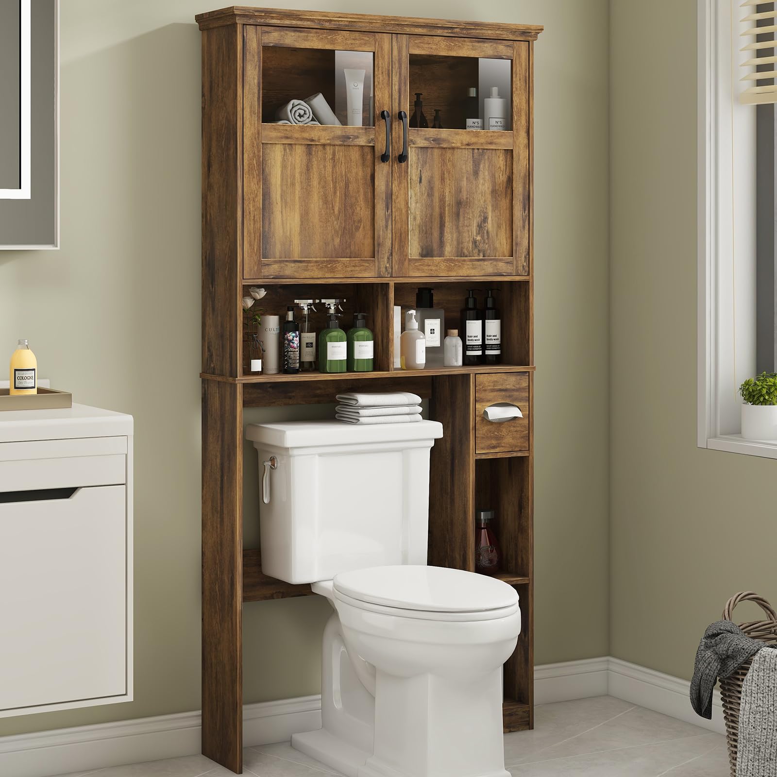 Vabches Over The Toilet Storage Cabinet With Double Doors & Paper Holder Stand, Freestanding Shelf Space Saver With Anti-Tip Design & Adjustable Shelf