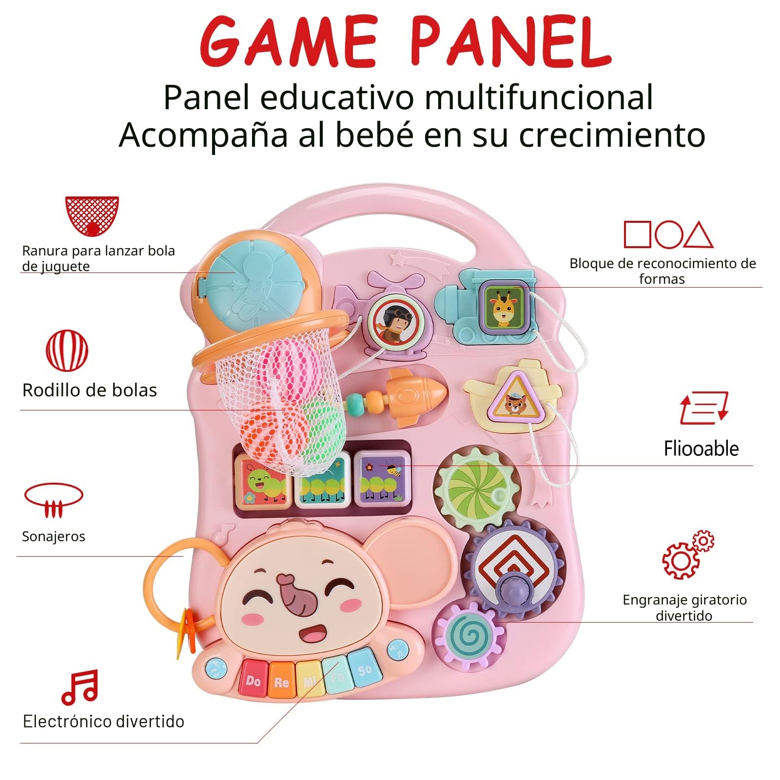 Andador 2 en 1 para niños de 6 a 36 meses, centro de actividades educativas tempranas, tablero de juego desmontable, juguete para aprender música para niños, Rosa