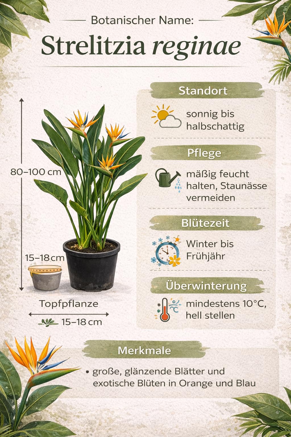 Strelitzia reginae 80–100 cm – Paradiesvogelblume, exotische Zimmerpflanze, 2–3 Pflanzen im Topf, 5–6 Jahre alt, pflegeleicht, dekorativ für Wohnzimmer, Büro & Wintergarten