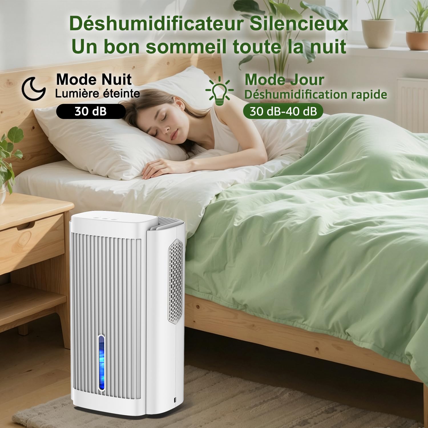 Déshumidificateur d'Air 2,5 L Ultra Silencieux (<28 dB), Déshumidificateur Électrique avec Mode Sommeil, Arrêt Automatique, Lumière LED, pour Chambre, Salle de Bain, Bureau et Maison