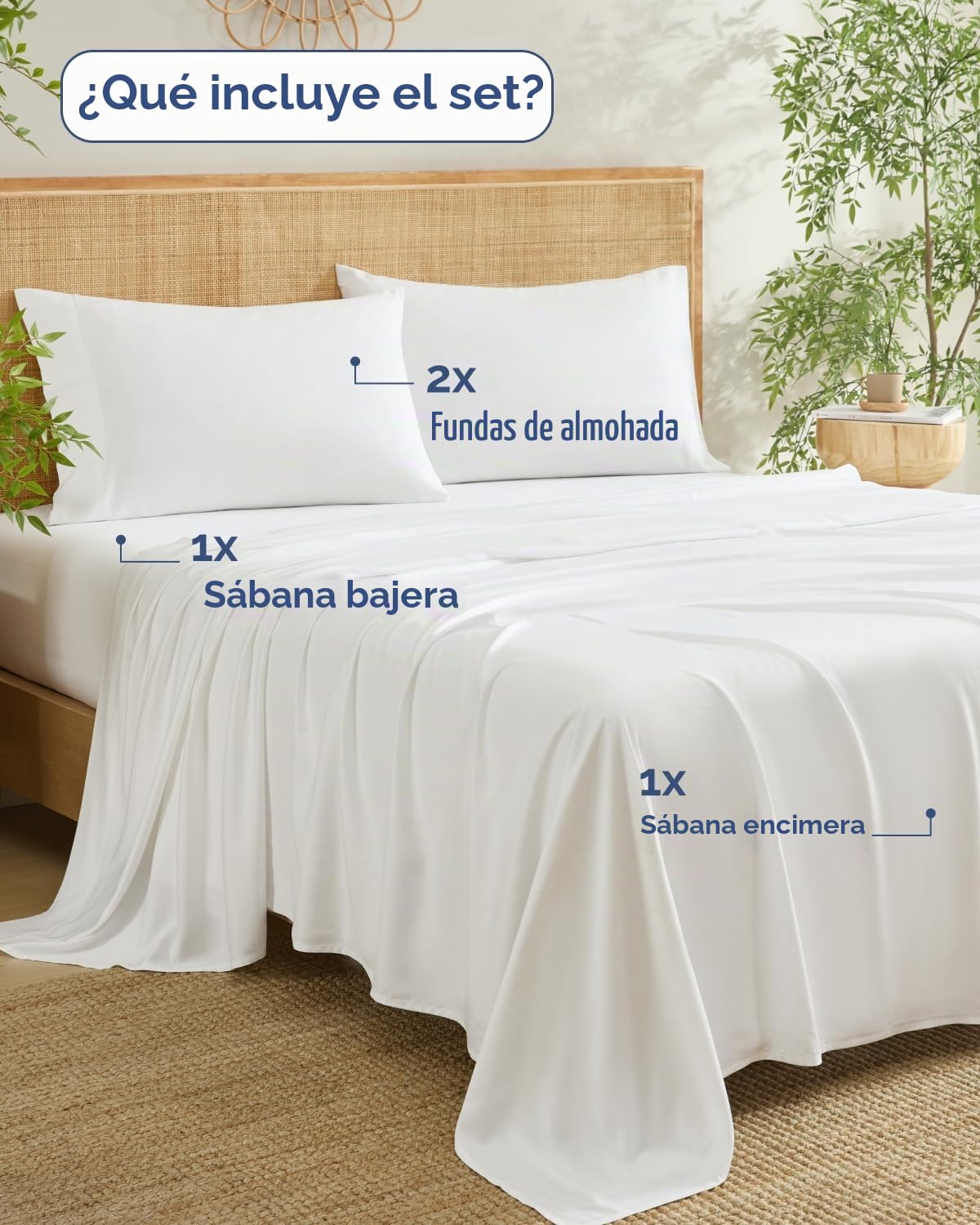 100% Rayón derivado del bambú - Sábanas de bambú tamaño Queen - Sábanas refrescantes para cama Queen - Ropa de cama ultra suave, transpirable y de lujo hotelero - 1 sábana lisa y 1 sábana ajustada y 2