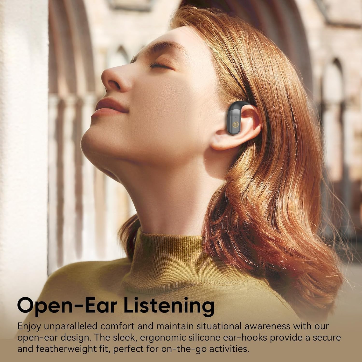 Woman wearing BUGANI OWSB10S Open Ear Wireless Headphones, demonstrating comfort and situational awareness.
