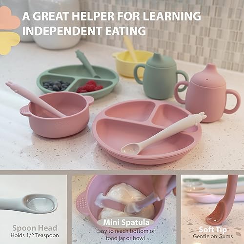 Miniatura 5 de Cucharas de silicona para alimentación para bebés, primera etapa, utensilios flexibles para el destete de bebés y padres y bebés, autoalimentación y