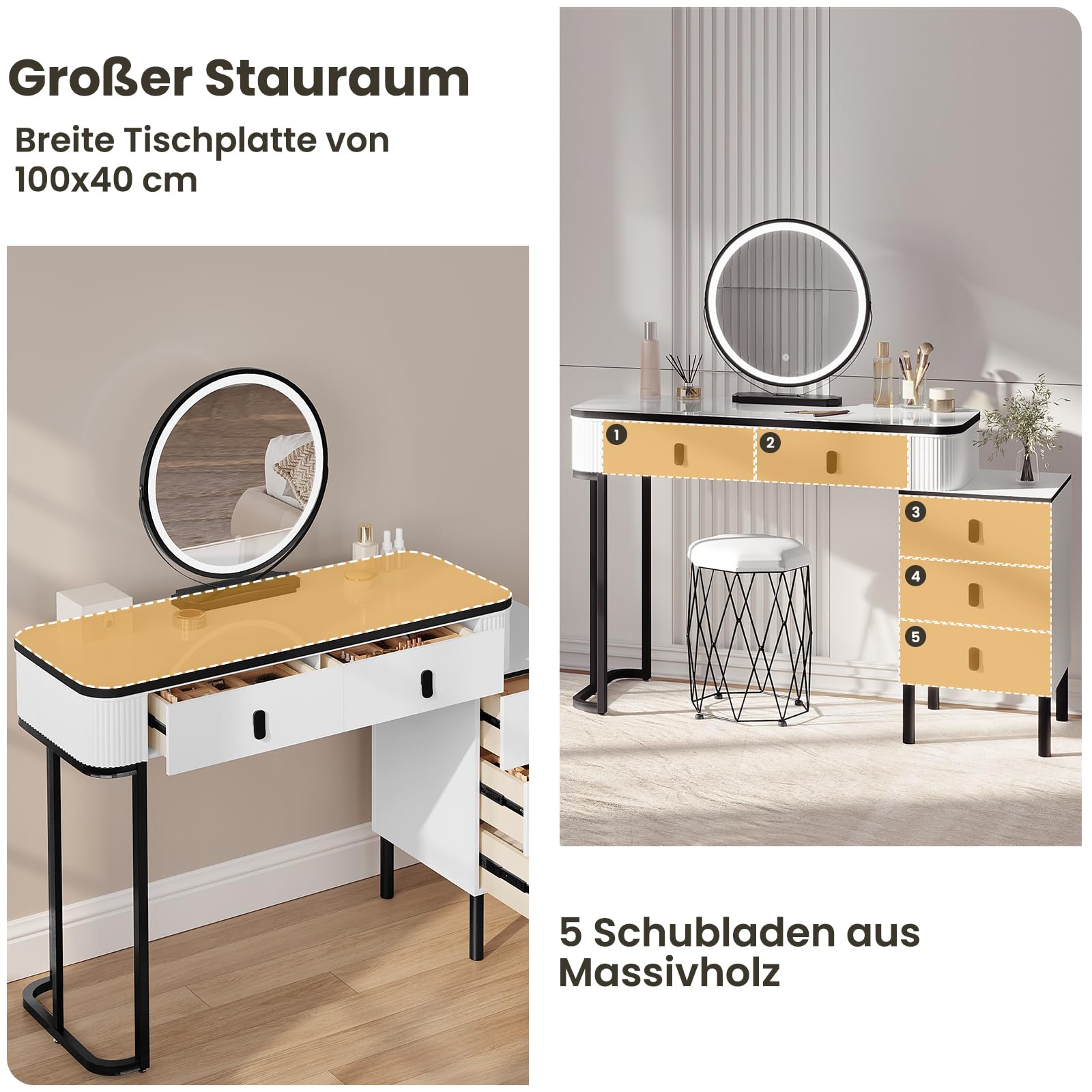 WOLTU Schminktisch mit Spiegel LED & Beleuchtung, 3 Lichtfarben, Moderner Frisiertisch mit 5 Schubladen, 2-in-1 Schreibtisch, Flexibler Unterschrank, für Schlafzimmer, auz Holz, in Weiß+Schwarz
