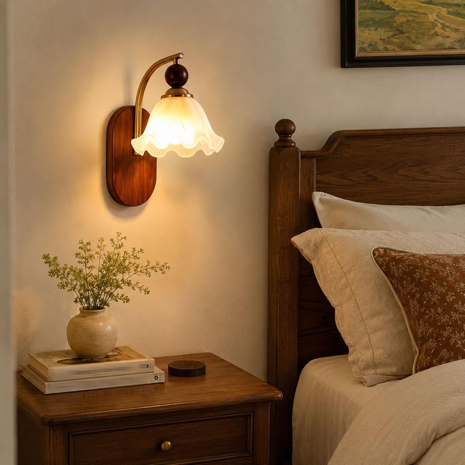 Owalna drewniana płytka lampa ścienna, szklany klosz kwiat, E27