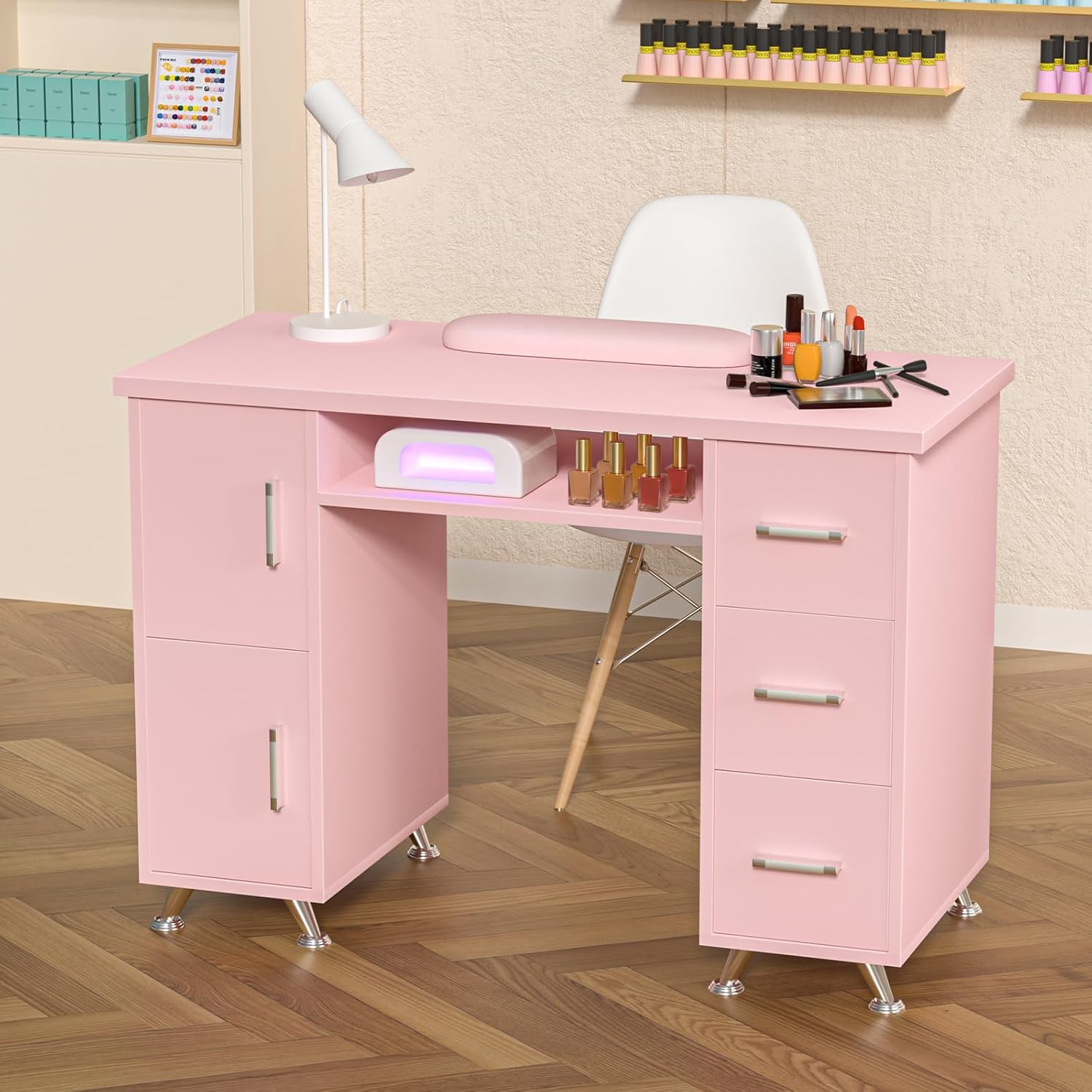 Acetone Resistant Manicure Table Nail Tech Desk, Pink Nail Table for Nail Tech Table Double Layered Manicure Desk Nail Station
