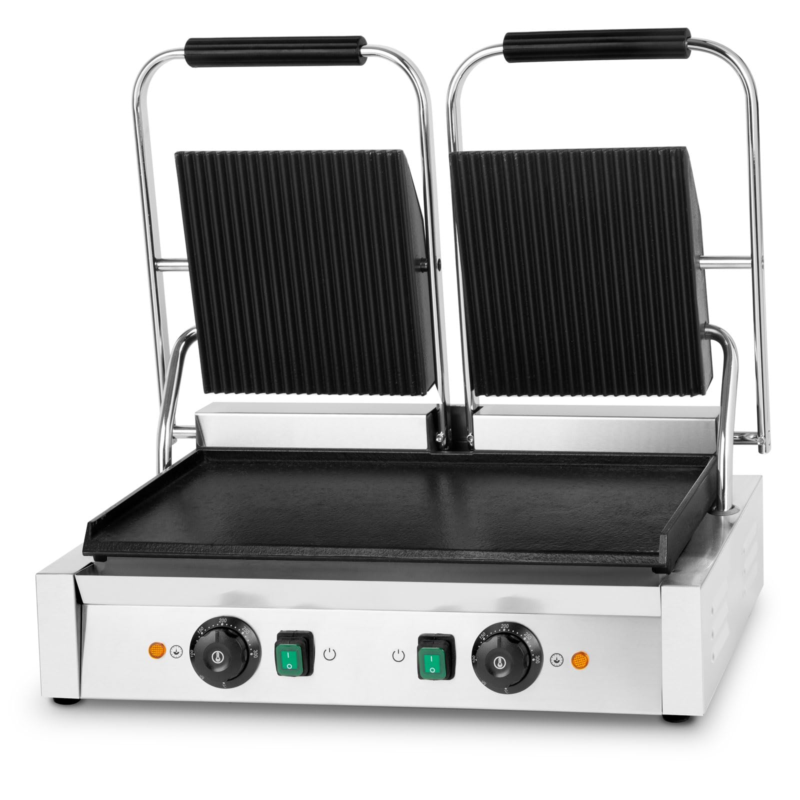 VERTES Kontaktgrill doppelt, Gusseisen Grillplatte oben gerillt/unten flach, 3600 W Gastro Multigrill für Fladenbrot, Fleisch, Gemüse, Sandwich, Edelstahlgehäuse, regelbar 0-300°C, teflonbeschichtet