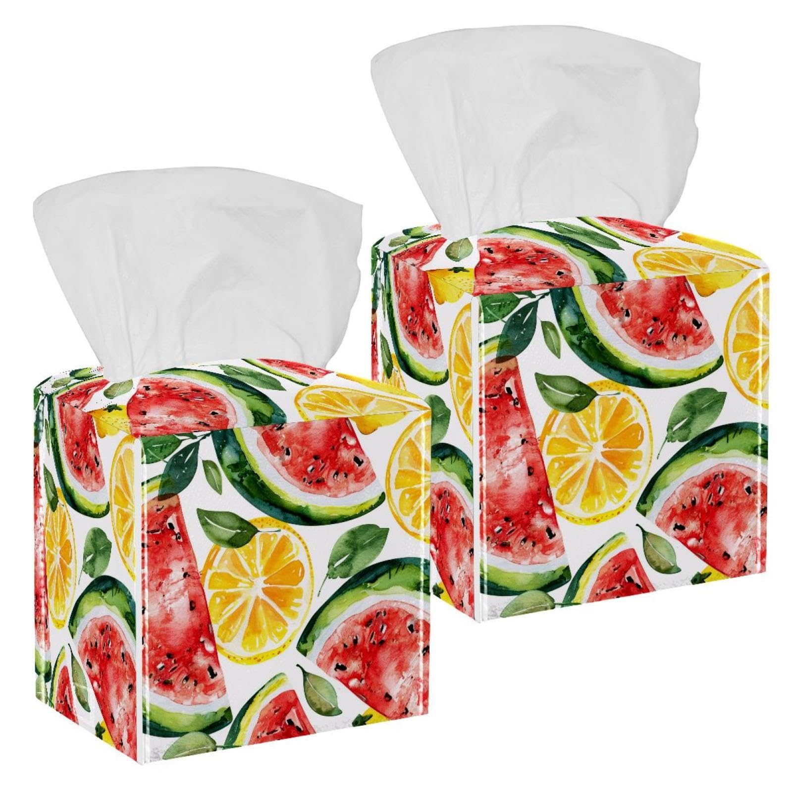 Watermelon Tissue Box Cover, 2 Pack PU Leather Square Facial Tissue Dispenser Box holder for Home Office Car