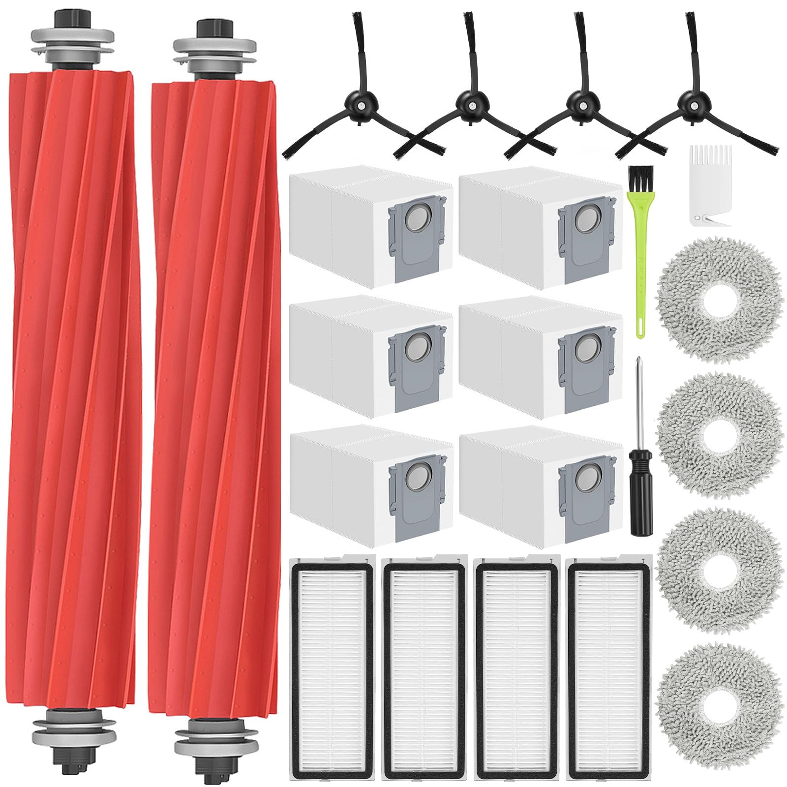 RUKHOOL Qrevo S Zubehör für Roborock Qrevo S/Qrevo Pro/Qrevo MaxV/Qrevo Plus Ersatzteile für Qrevo S zubehörset 2 Hauptbürsten, 6 Staubbeutel, 4 Hepa Filter, 4 Wischpads, 4 Schwarz Seitenbürsten