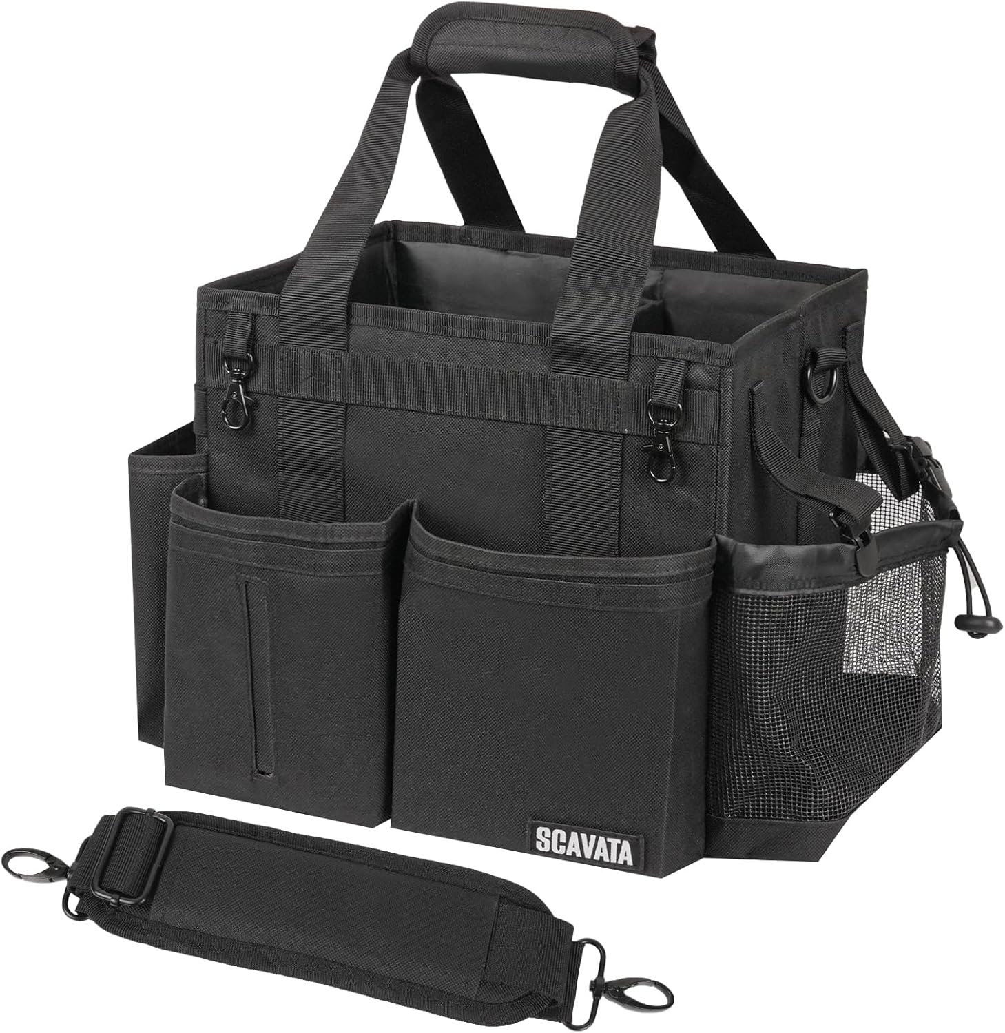 SCAVATA Compact Wearable Cleaning Caddy, Small Supplies Organizer with Handle & Shoulder Straps for Housekeepers, Under Sink & Car Cleaning Tool Organizer Bag (Black)
