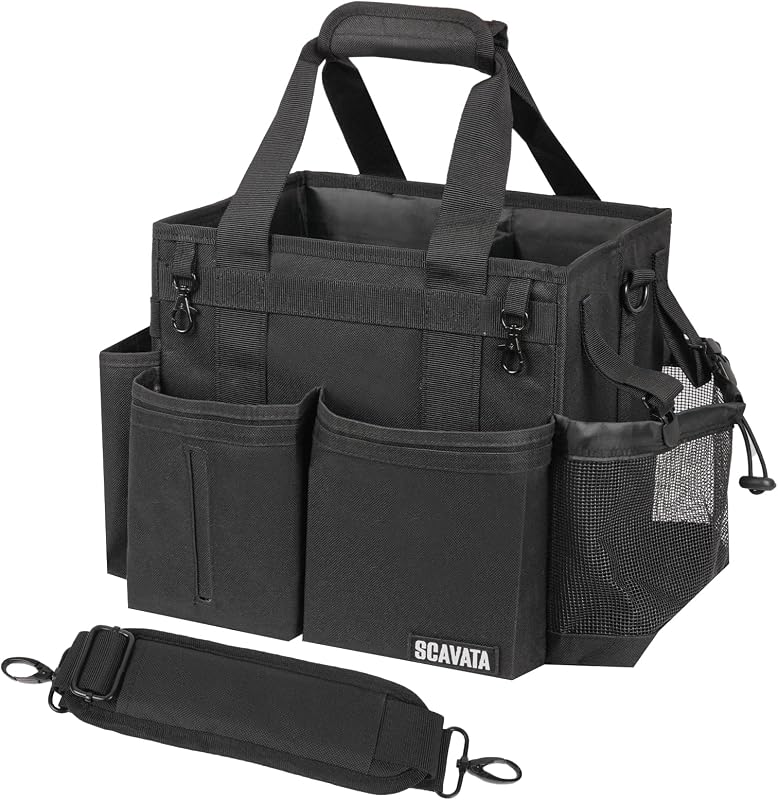 SCAVATA Compact Wearable Cleaning Caddy with Handle & Shoulder Straps | Small Cleaning Supplies Organizer, Under Sink & Car Cleaning Tools Storage Bag for Housekeepers Cleaners, Black
