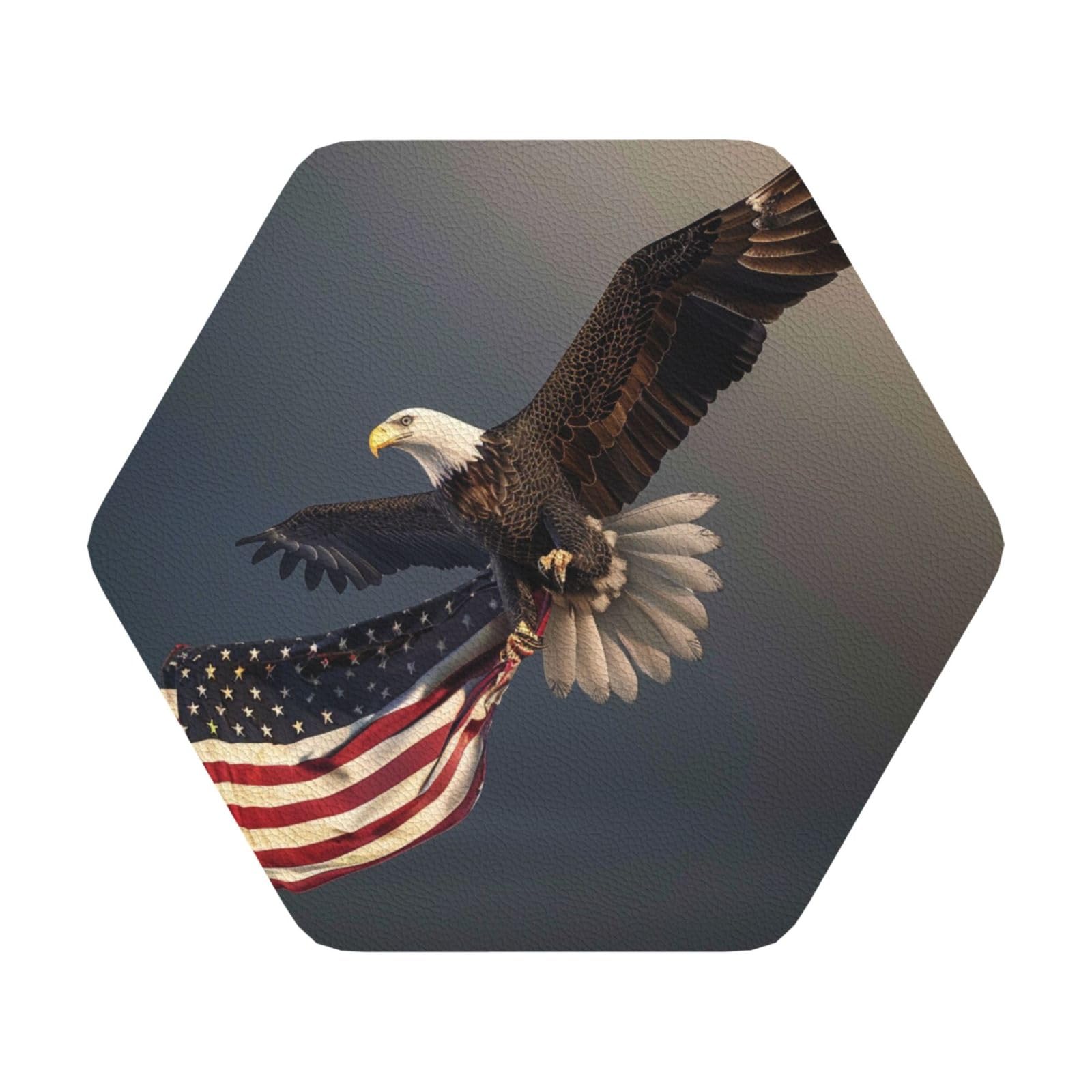 3D Bald Eagle Flying with American Flag Print Leather Coaster Set of 6, Hexagon Coasters Table Decorative Coffee Cup Beverage Coasters Wine Beer Bar Coasters for Hot Drinks Table Protection