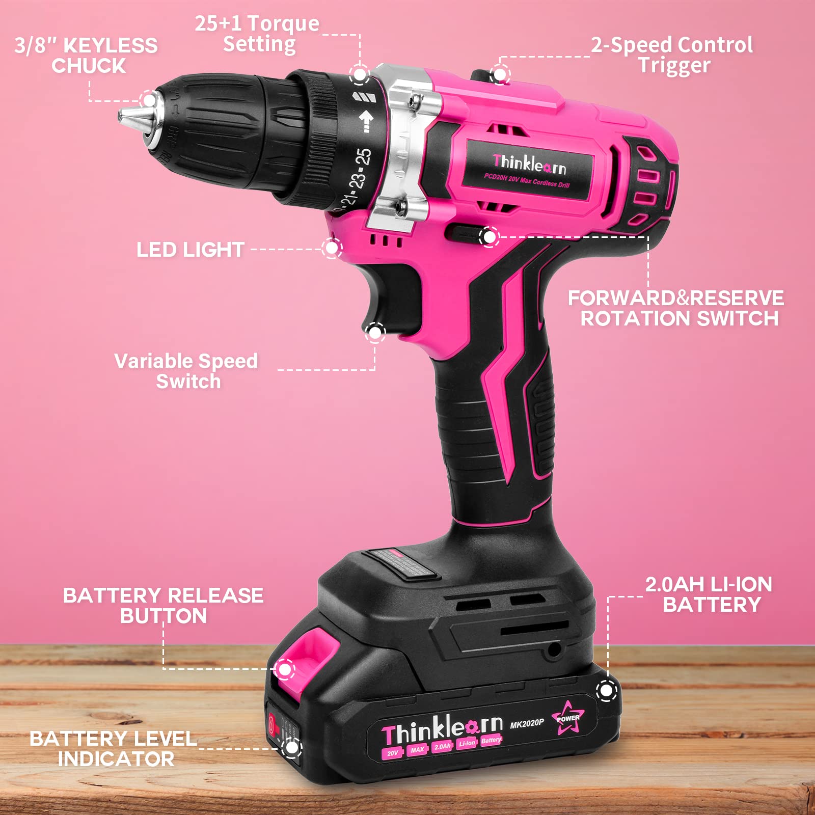 Set trapano senza fili rosa da 20 V, kit trapano elettrico/driver con spazzola per trapano, set di punte, mandrino senza chiave da 3/8", 2 velocità variabili, impostazione coppia 25+1, batteria e